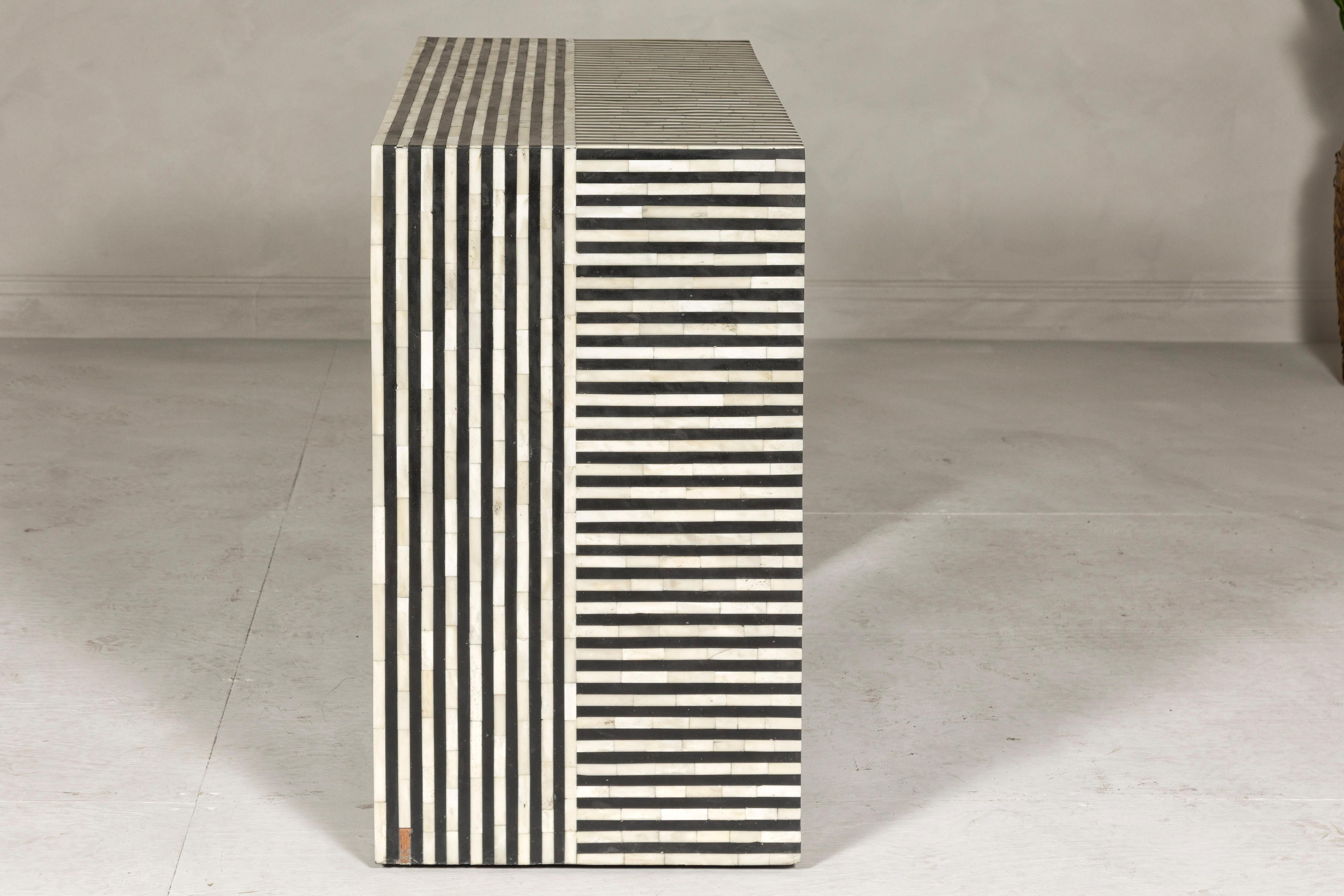 Contemporary Minimalist White and Black Striped Console Table with Bone Inlay For Sale 11