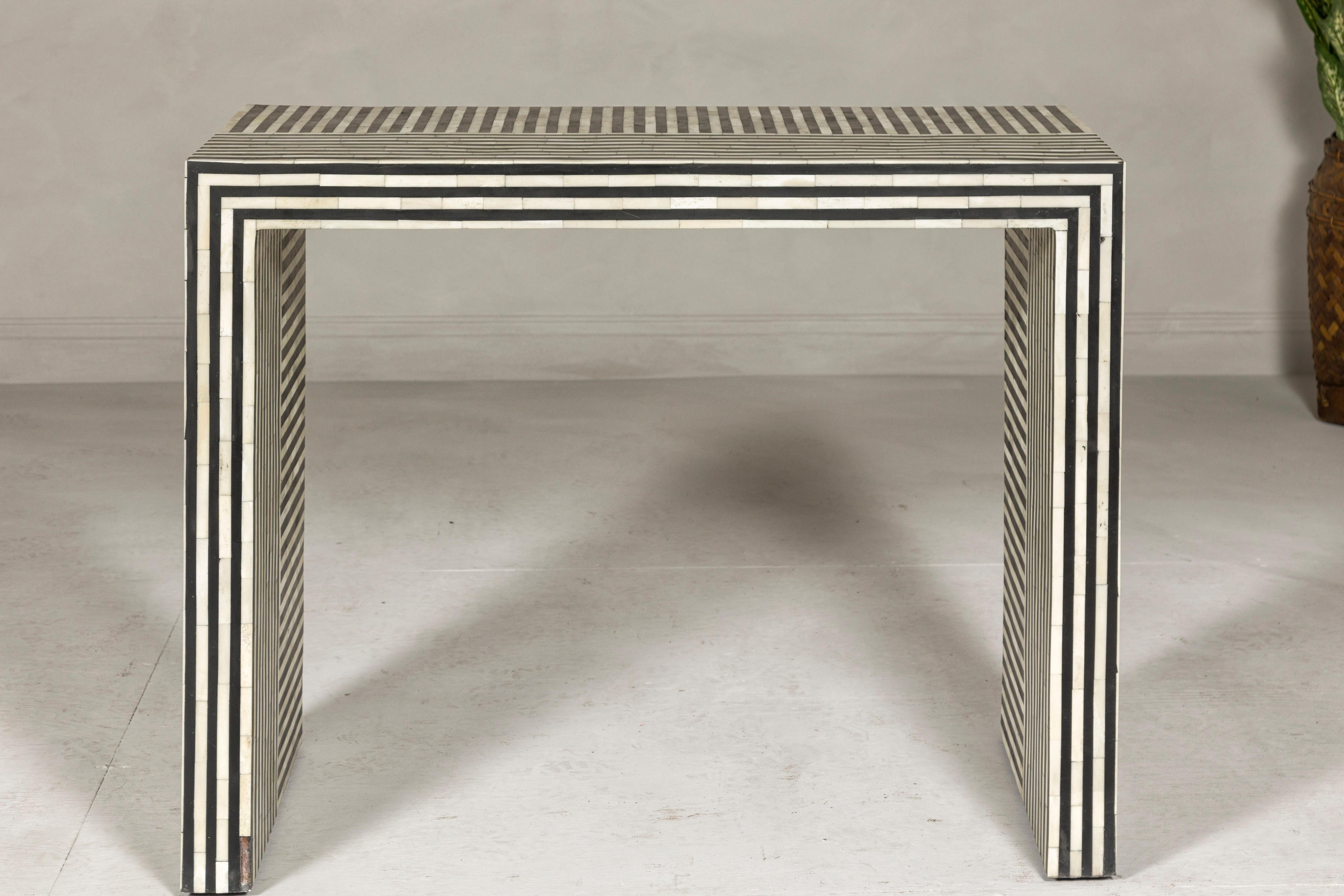 Contemporary Minimalist White and Black Striped Console Table with Bone Inlay For Sale 12