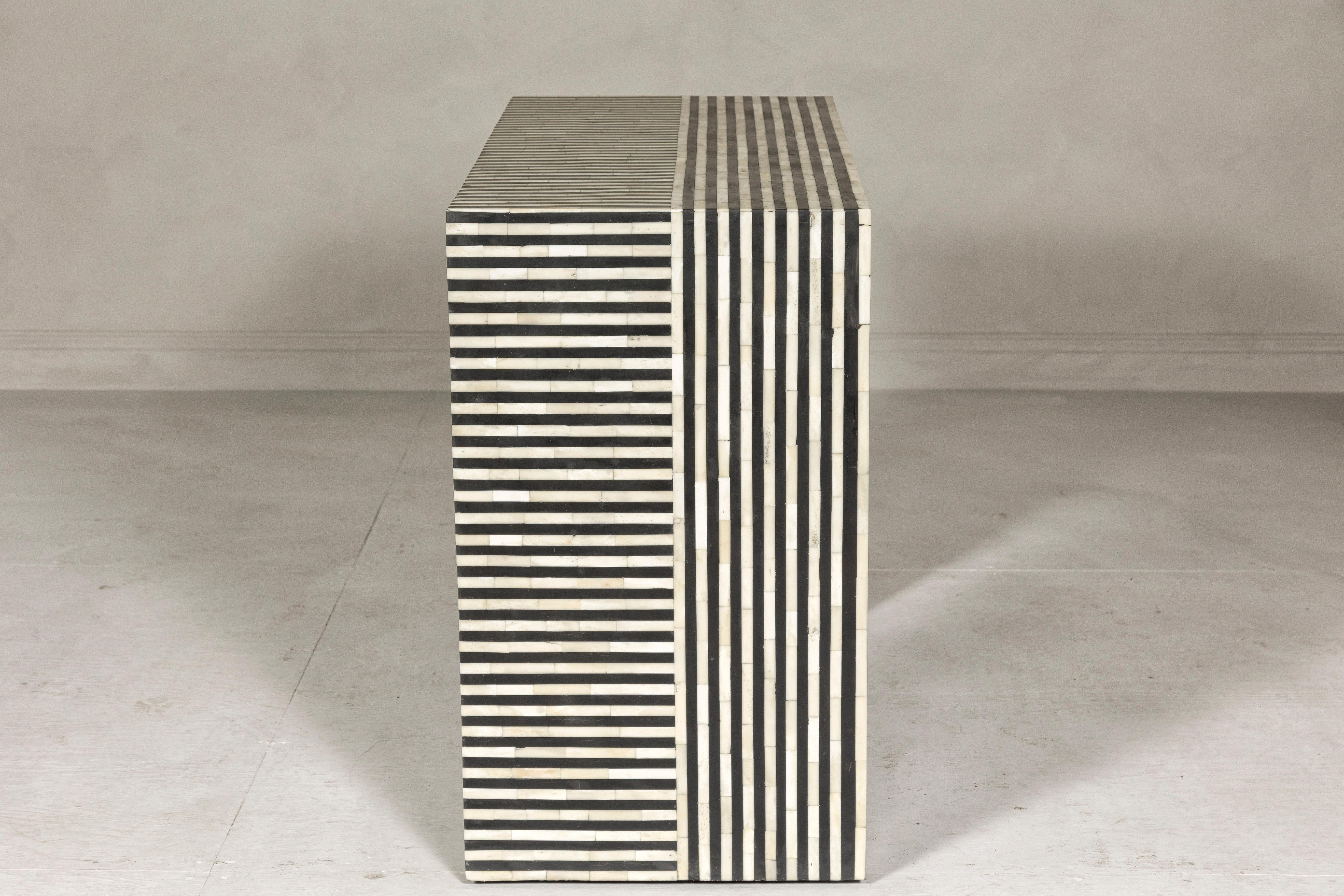 Contemporary Minimalist White and Black Striped Console Table with Bone Inlay For Sale 13