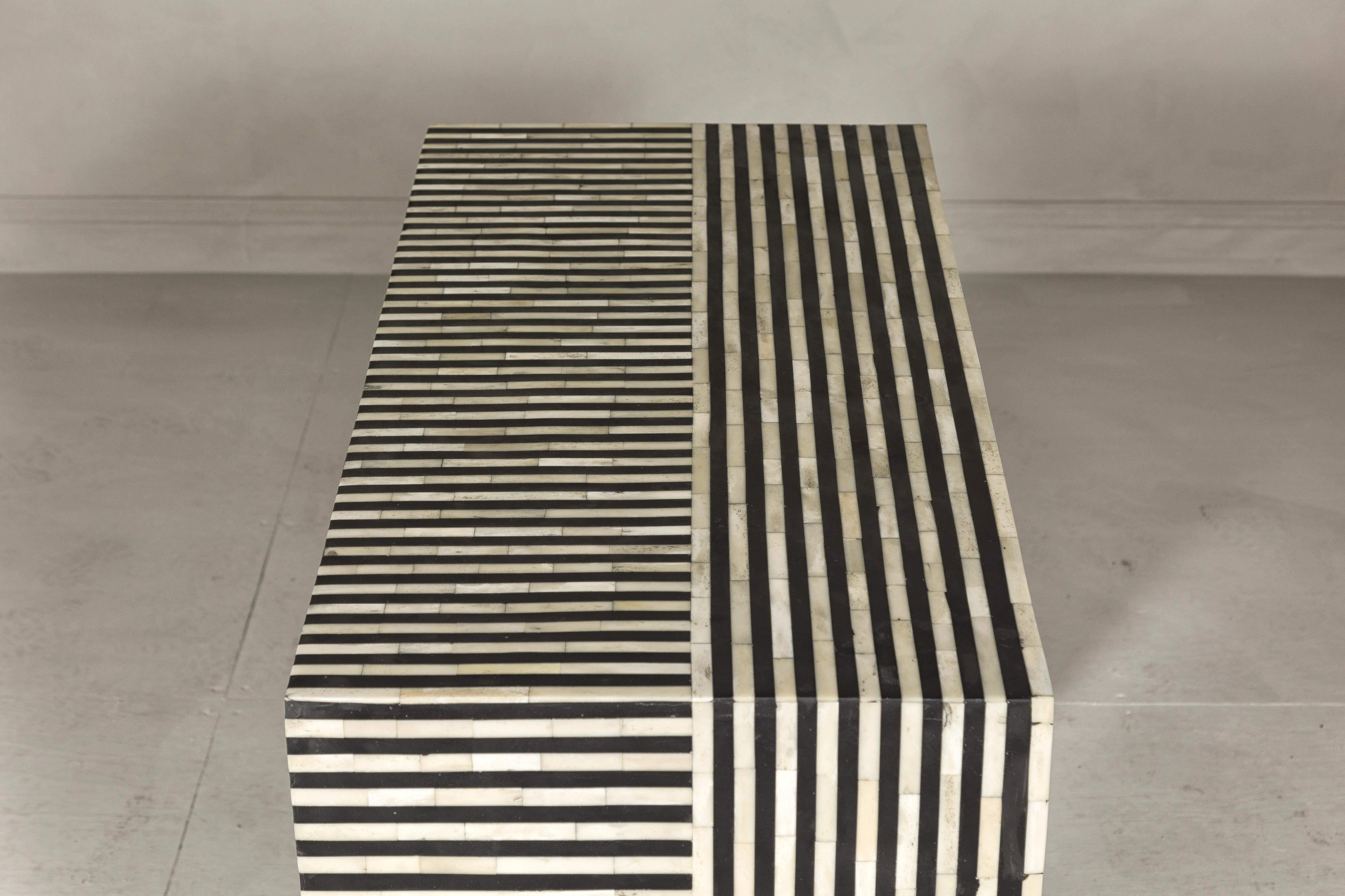 Contemporary Minimalist White and Black Striped Console Table with Bone Inlay For Sale 14