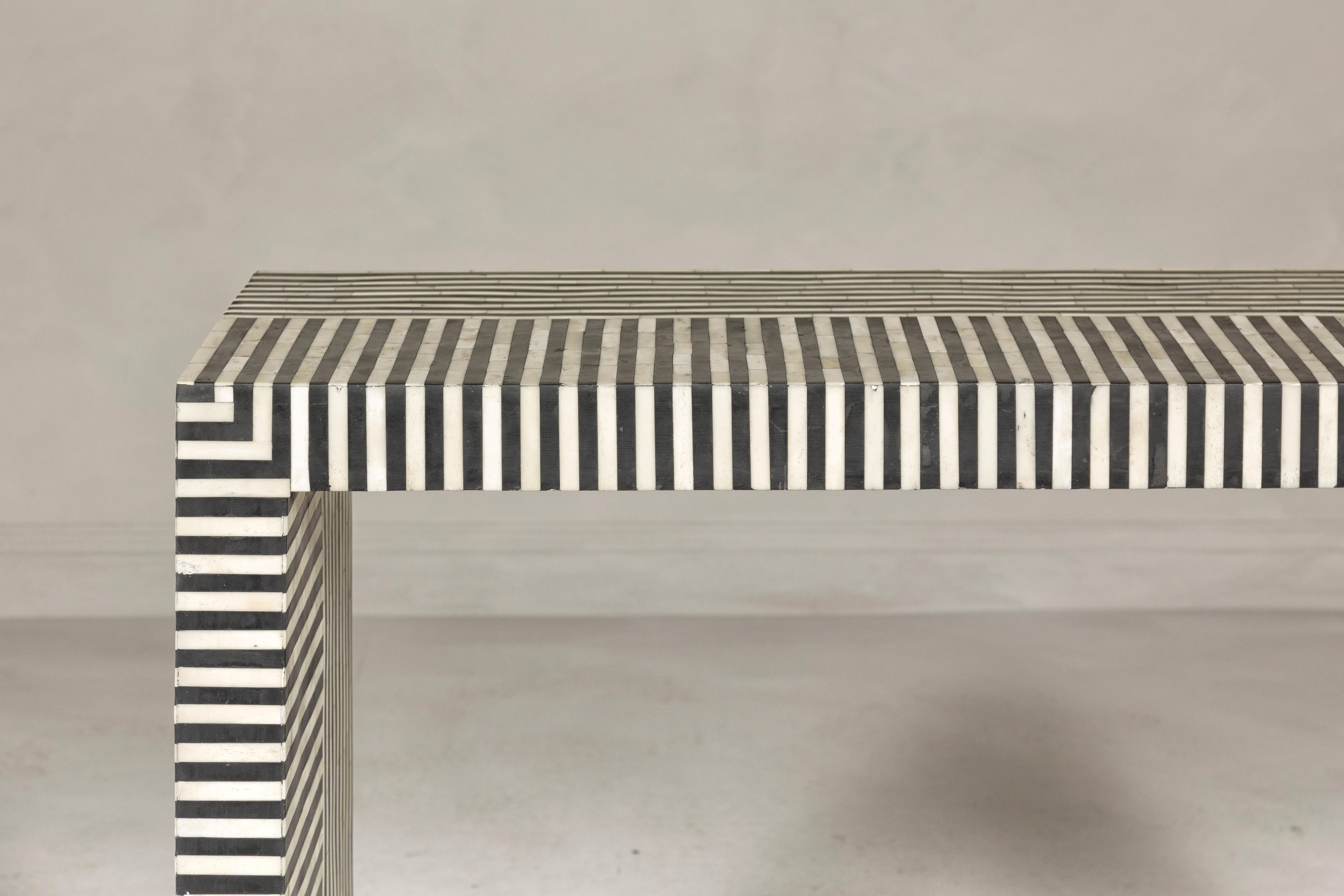Contemporary Minimalist White and Black Striped Console Table with Bone Inlay For Sale 1