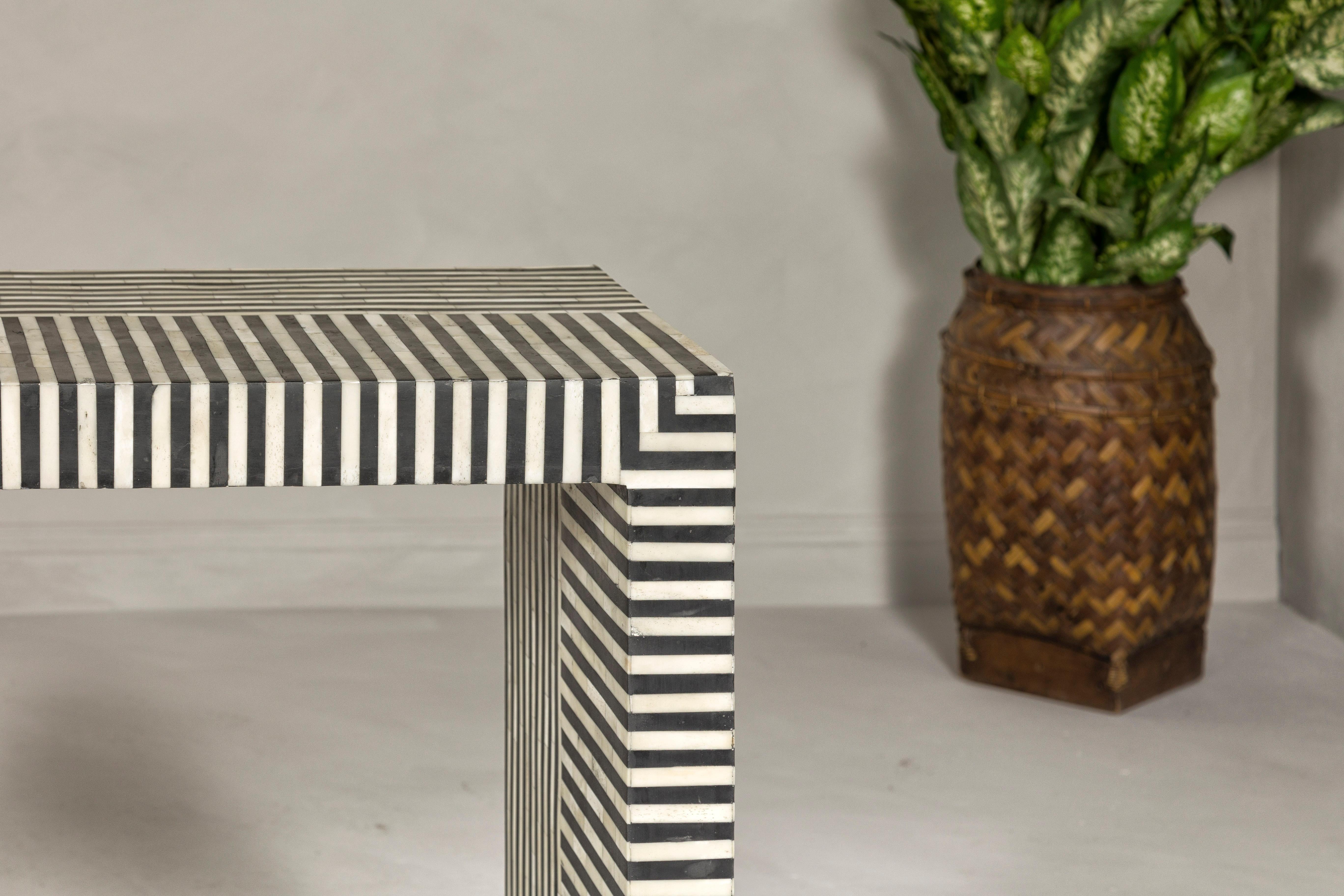 Contemporary Minimalist White and Black Striped Console Table with Bone Inlay For Sale 2