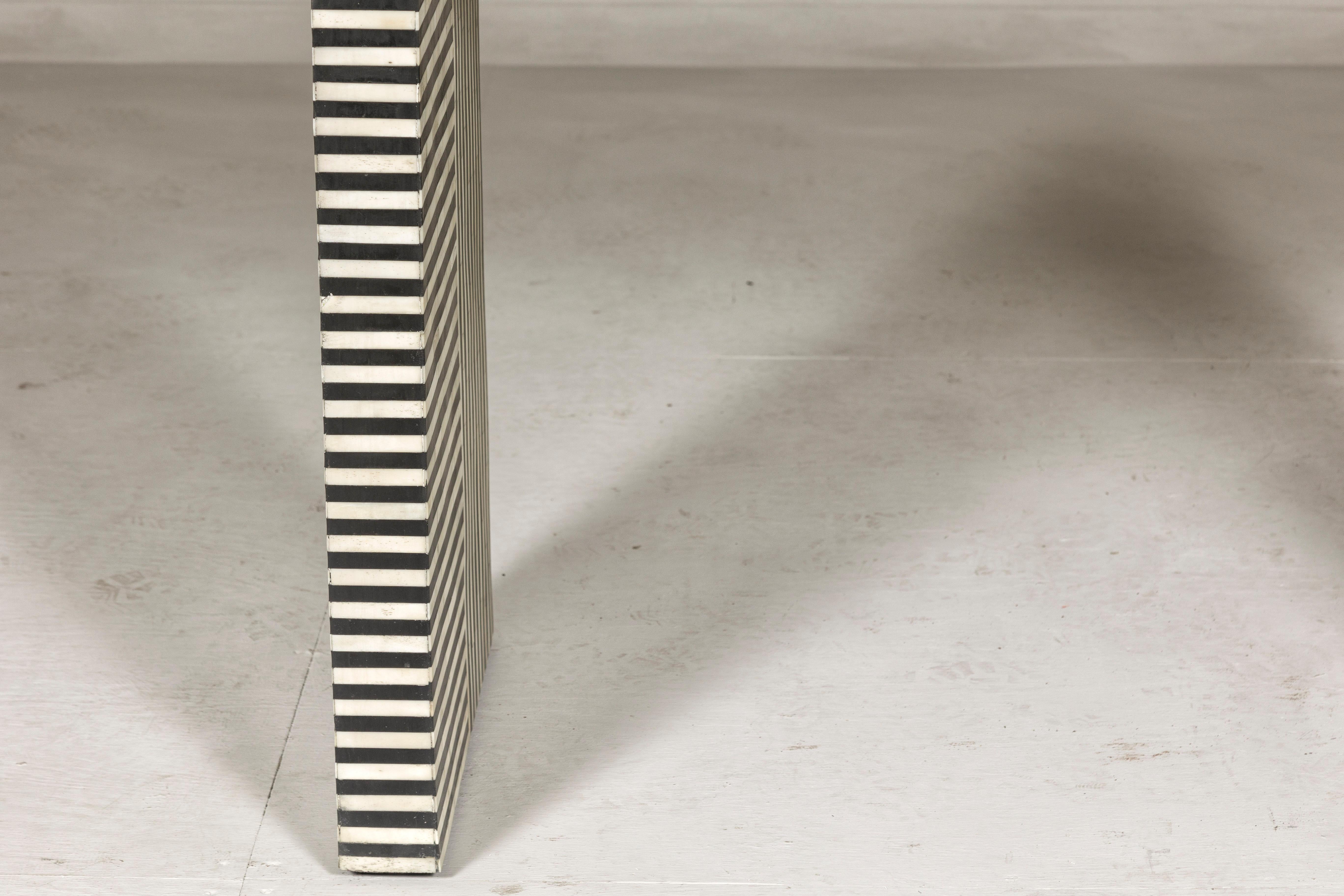 Contemporary Minimalist White and Black Striped Console Table with Bone Inlay For Sale 3