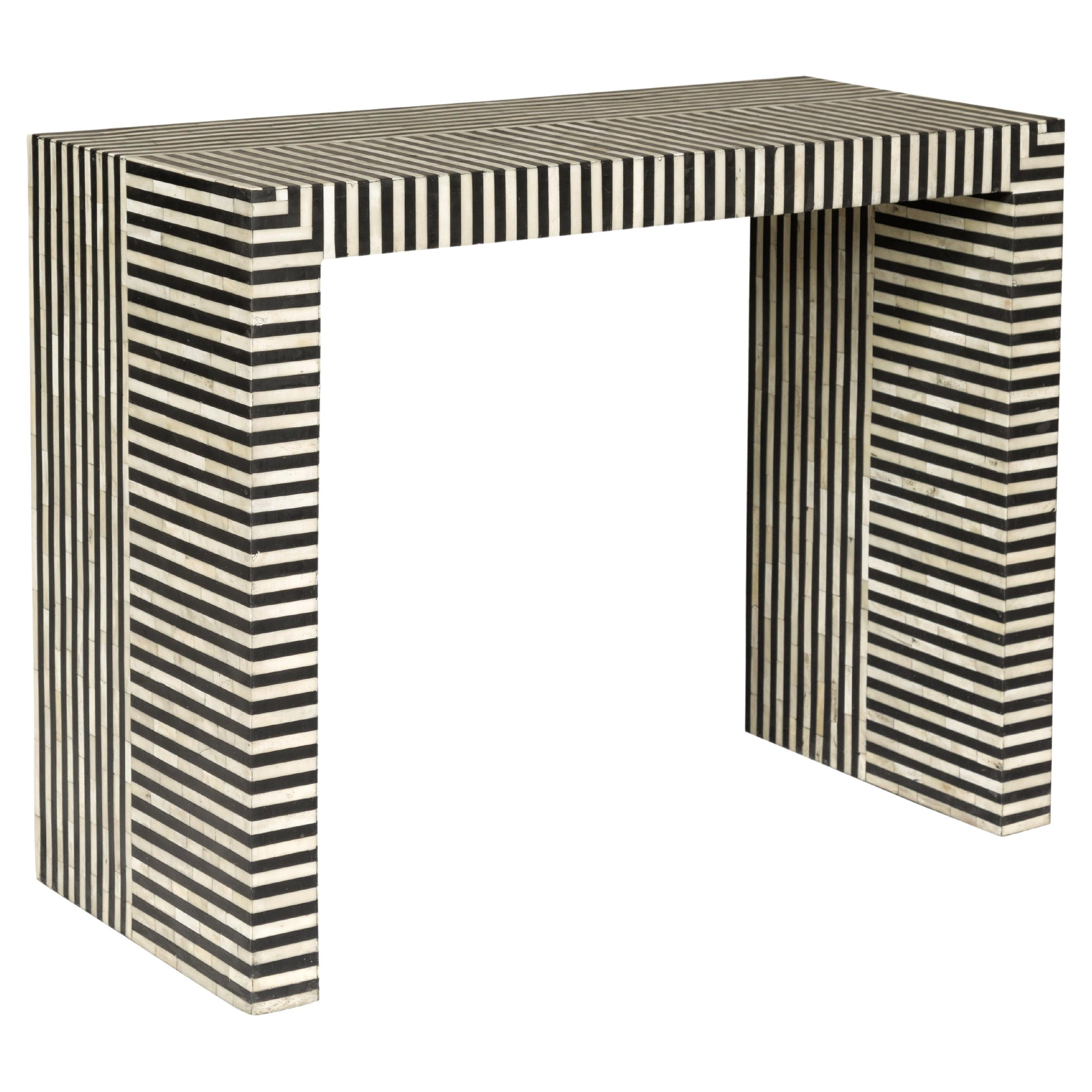 Contemporary Minimalist White and Black Striped Console Table with Bone Inlay For Sale