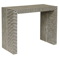 Vintage Contemporary Minimalist White and Black Striped Console Table with Bone Inlay