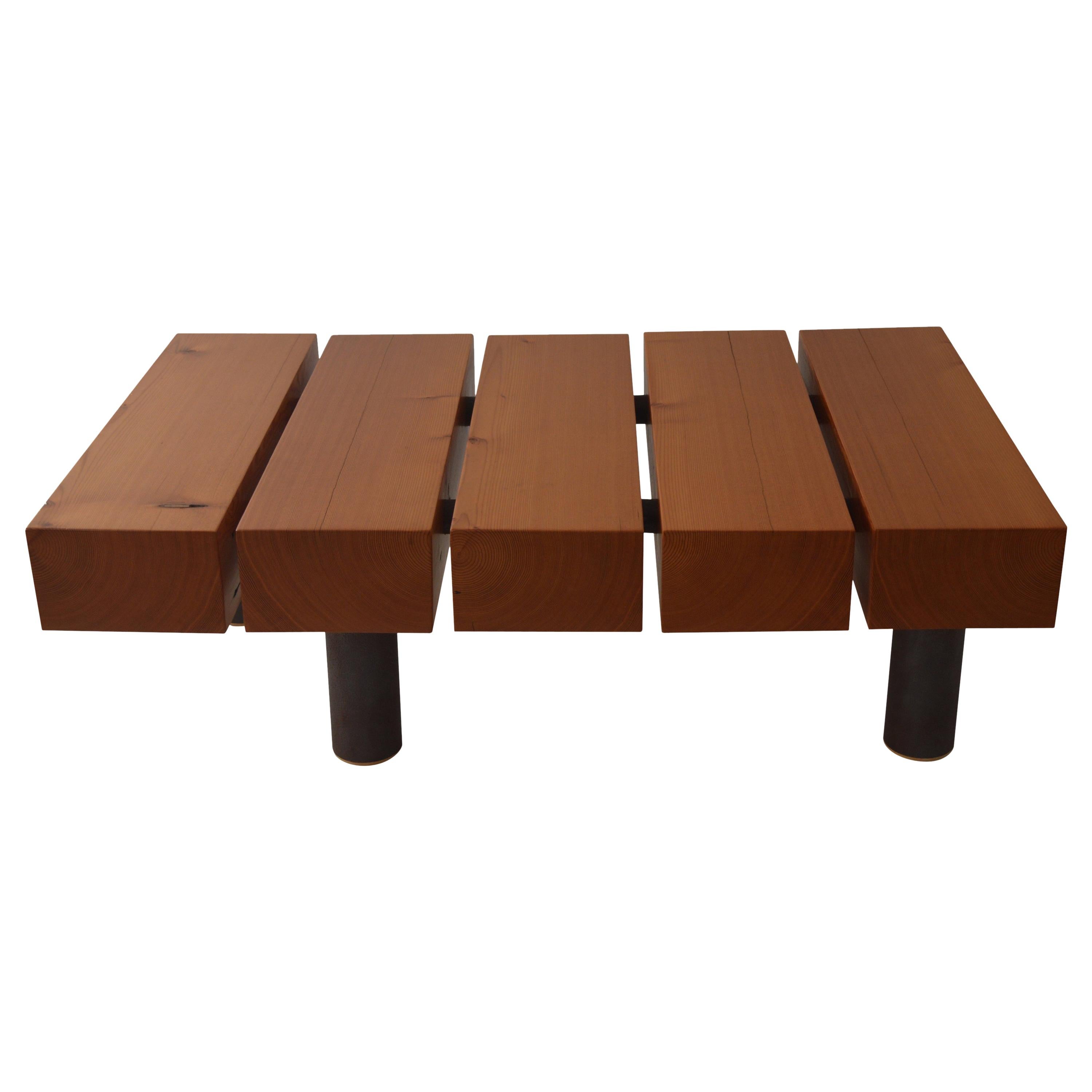 Contemporary Minimalist Wood and Patinated Steel Coffee Table, In Stock