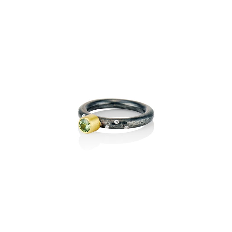 Round Cut Contemporary Mint Green Tourmaline, Diamonds, Mixed Metal, Silver and Gold Ring For Sale
