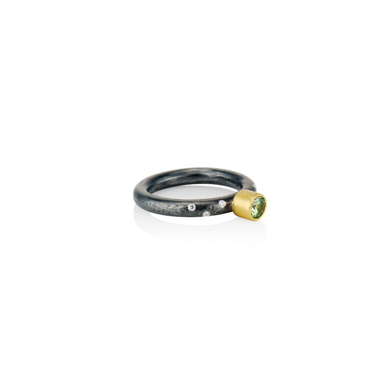 Contemporary Mint Green Tourmaline, Diamonds, Mixed Metal, Silver and Gold Ring In New Condition For Sale In New York, NY