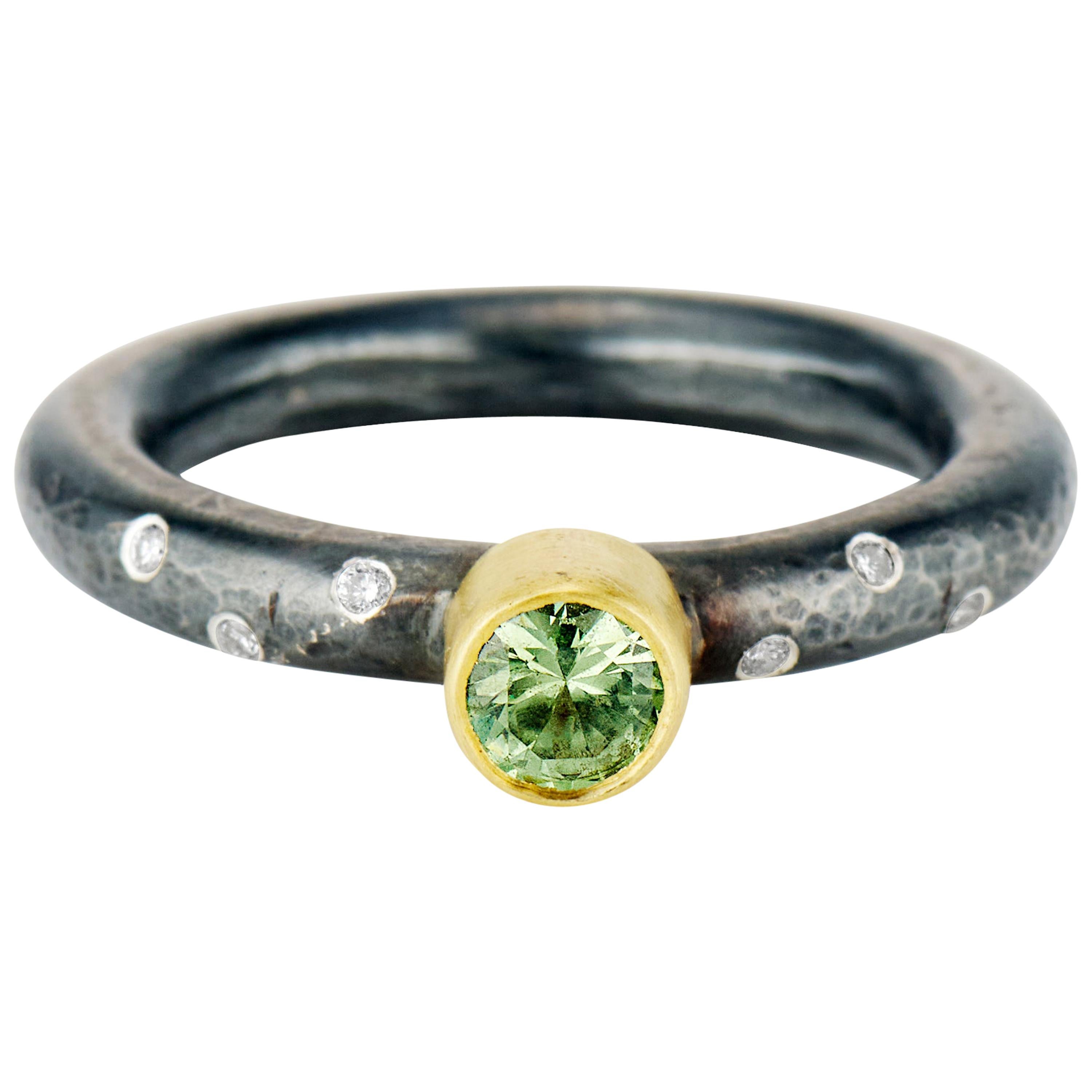 Contemporary Mint Green Tourmaline, Diamonds, Mixed Metal, Silver and Gold Ring