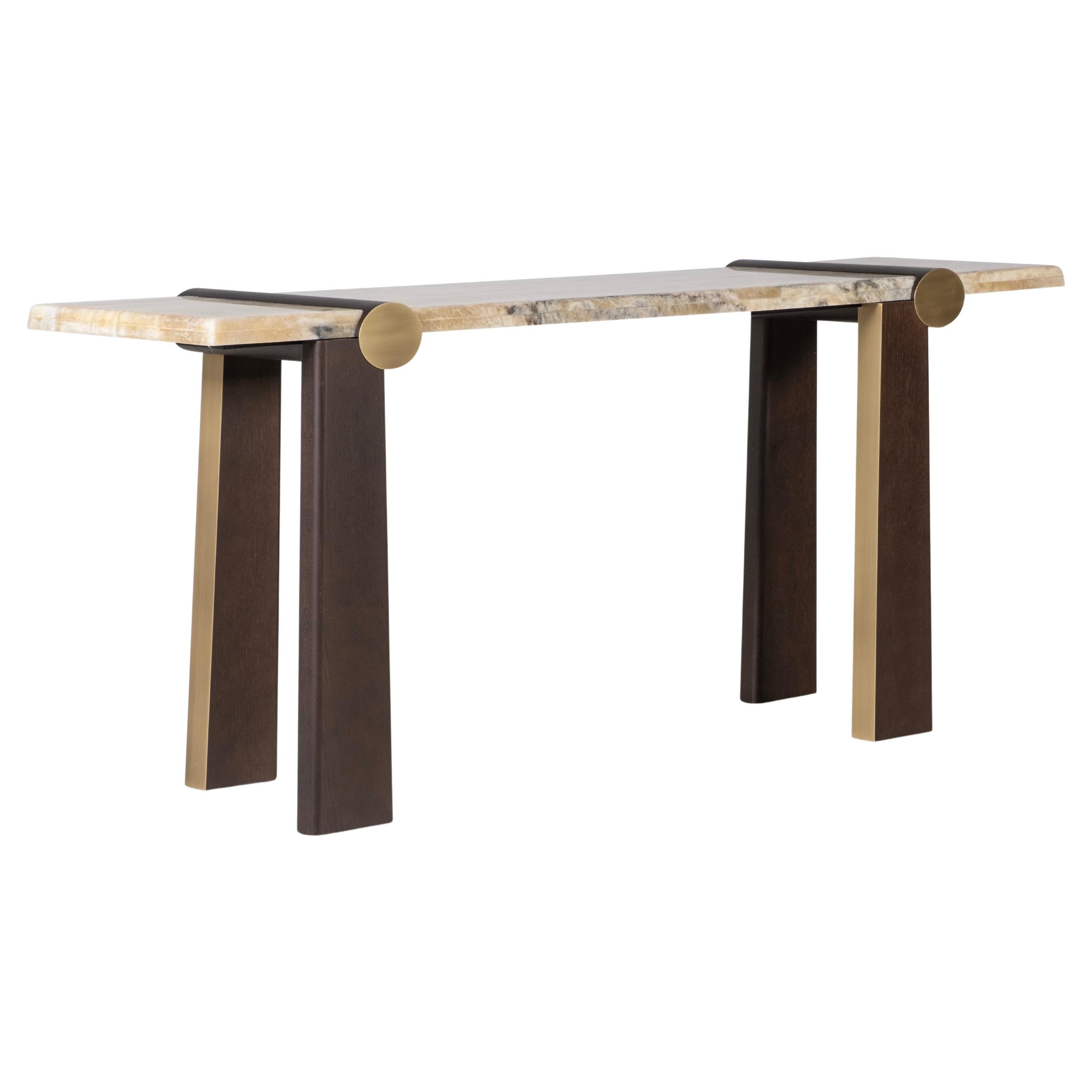 Contemporary Mira Console Table, Brass, Onyx Miel, Handmade by Greenapple