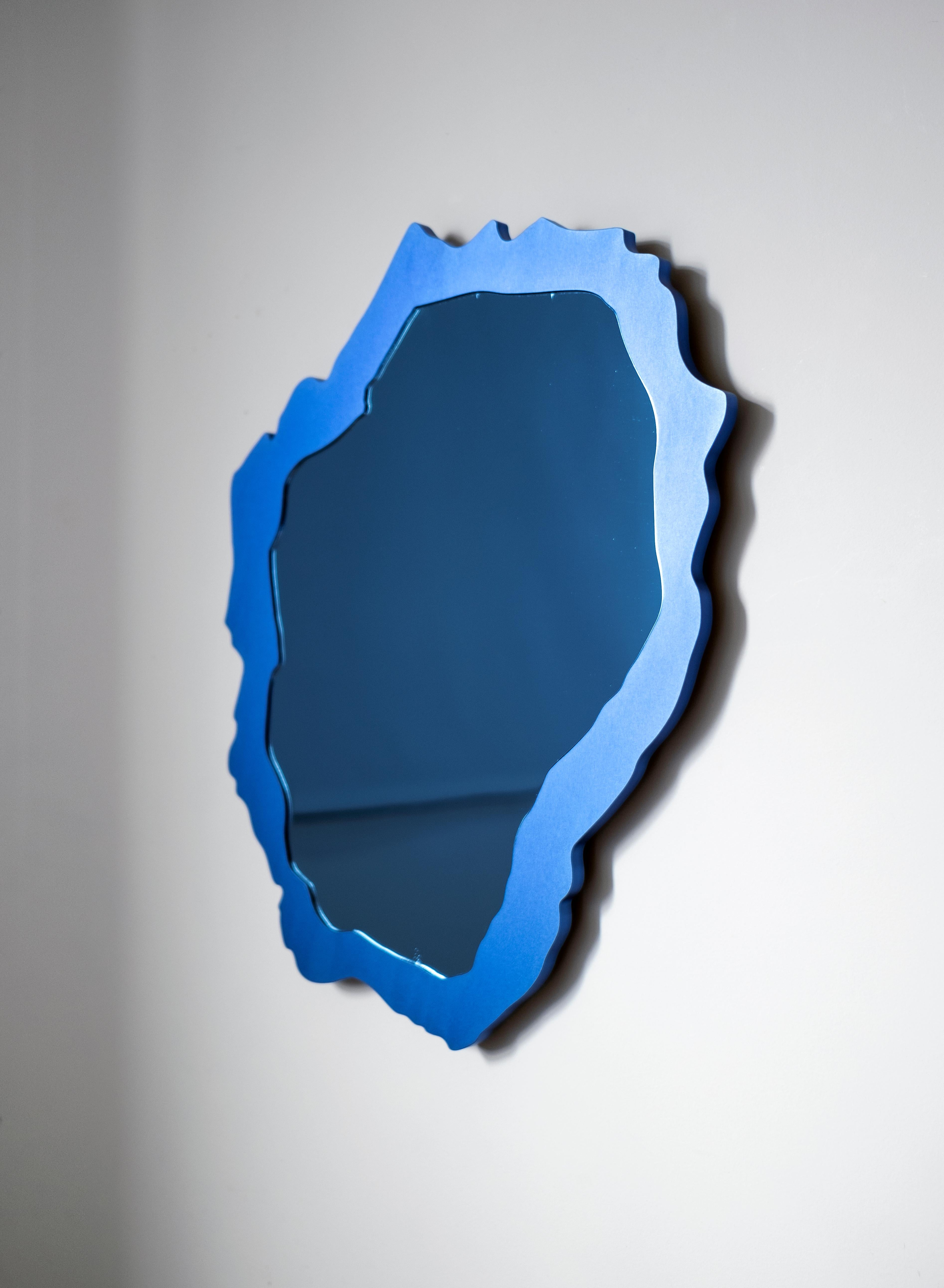 Swedish Contemporary Mirror, Blue Anodized Aluminum Plate, by Erik Olovsson For Sale