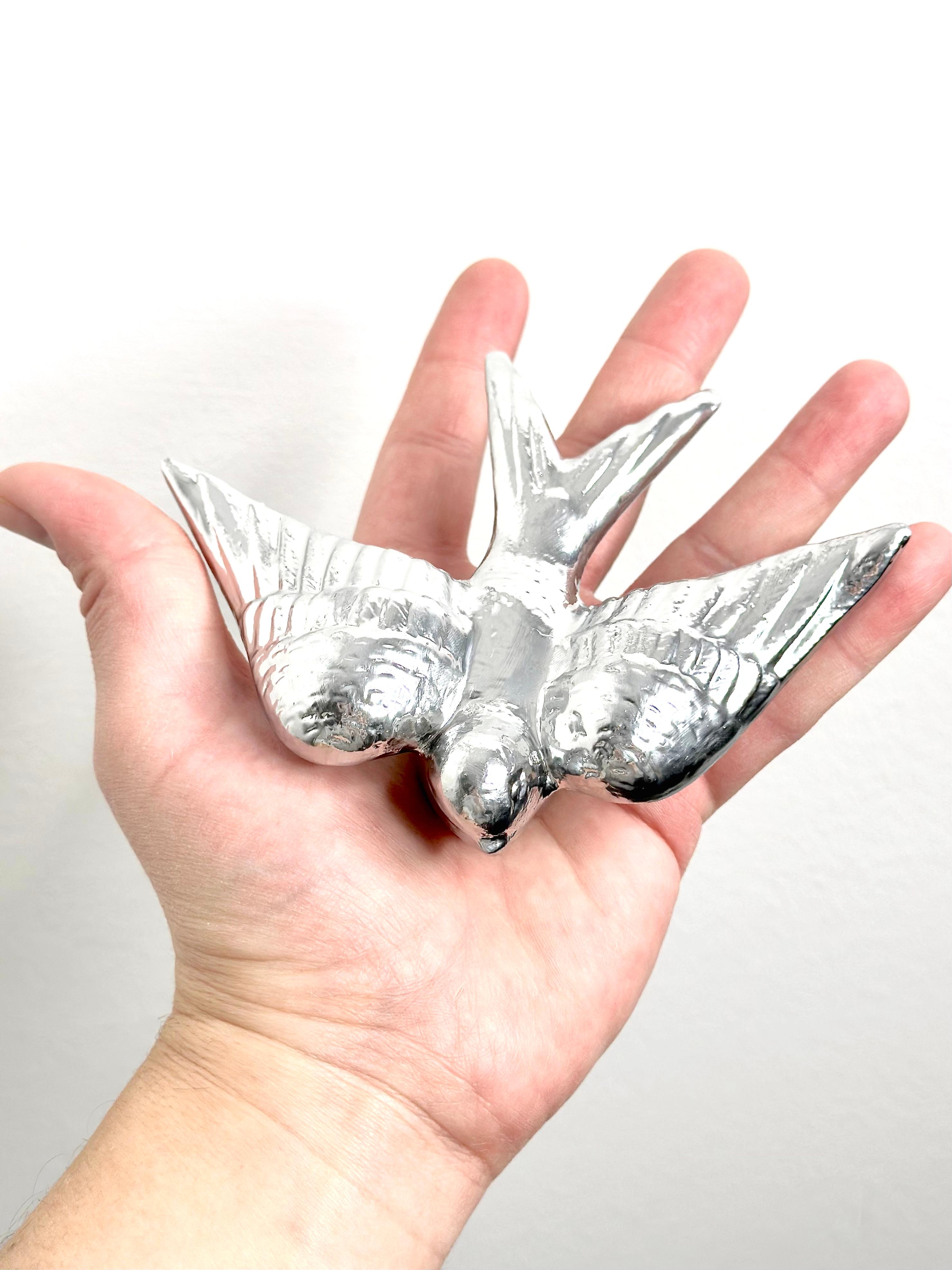 Contemporary Mirror Chrome Stoneware Wall Ornaments, Minimalist Design, SWALLOWS For Sale 9