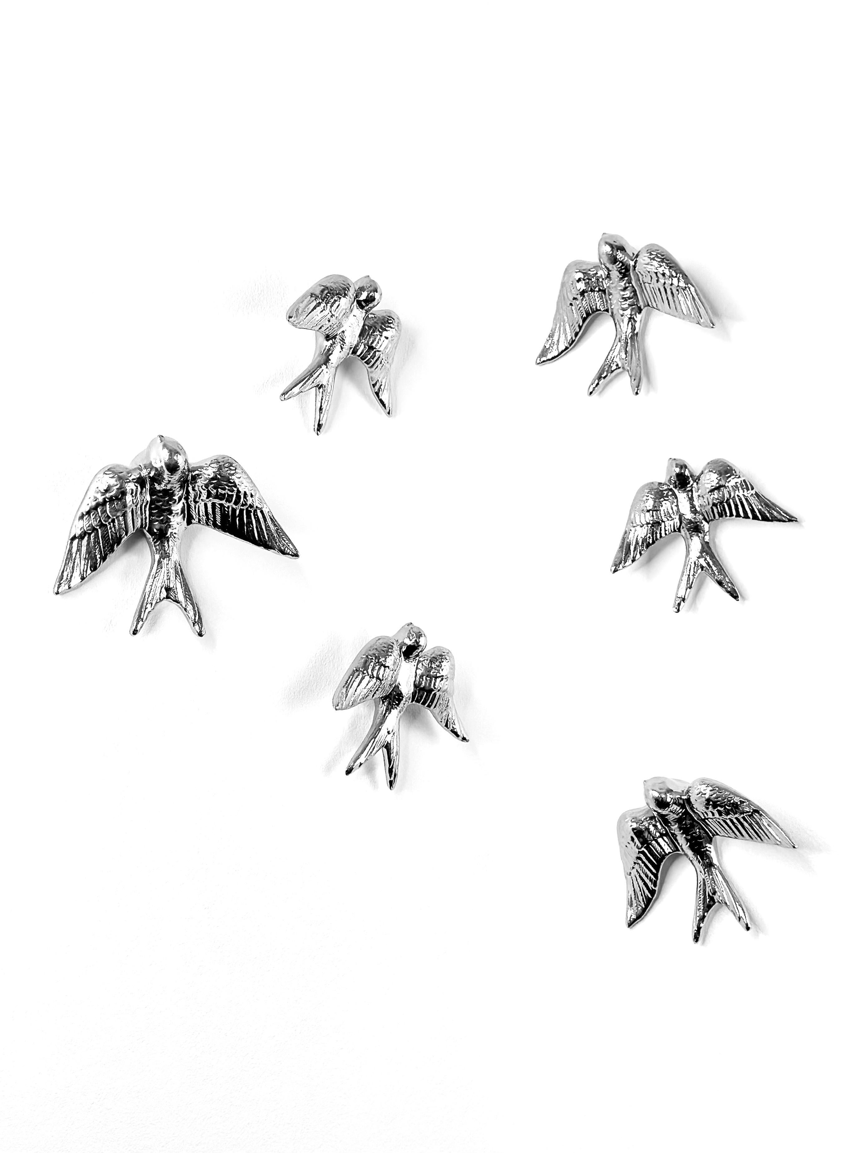 Contemporary Mirror Chrome Stoneware Wall Ornaments, Minimalist Design, SWALLOWS For Sale 10