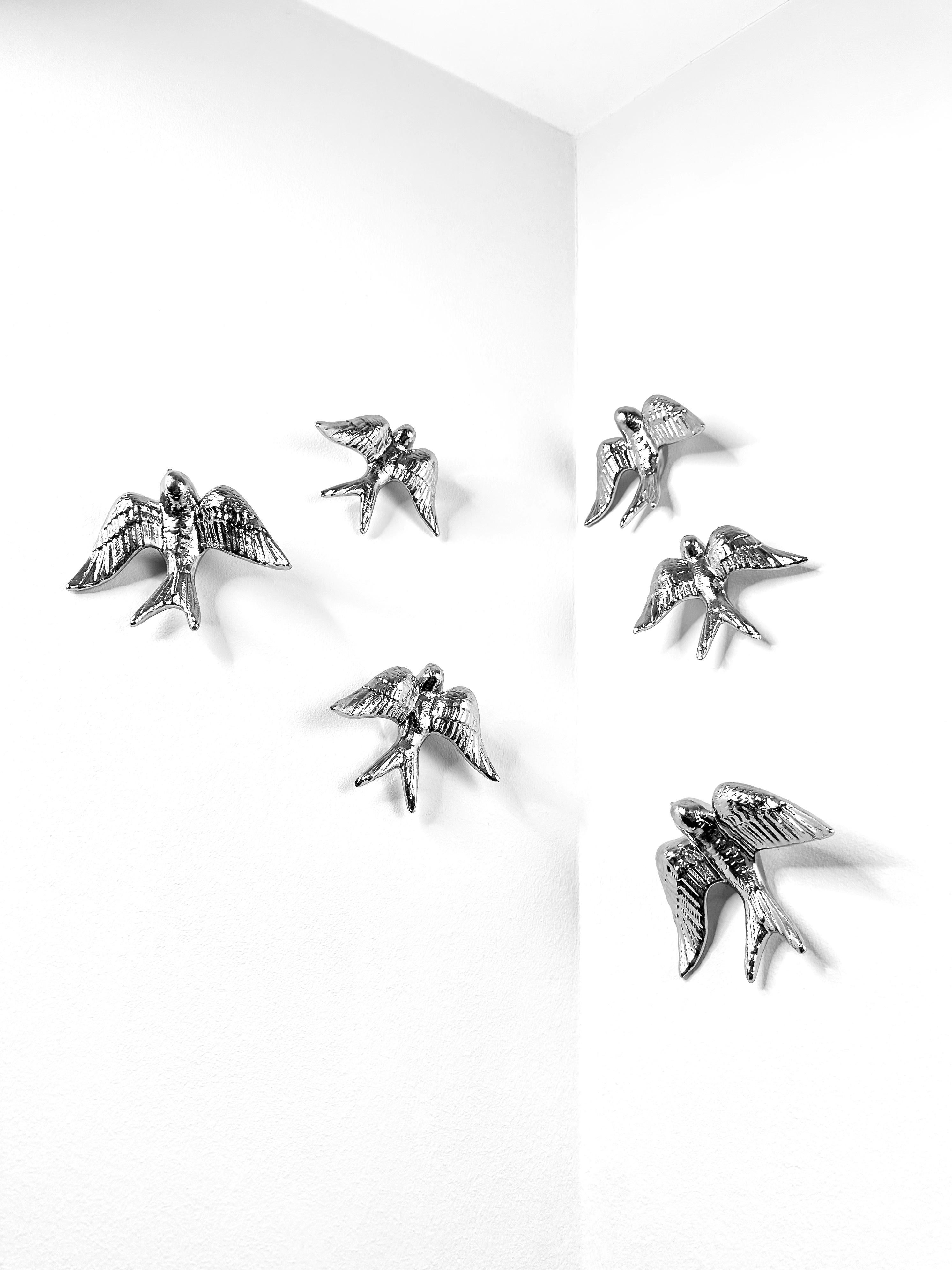 Contemporary Mirror Chrome Stoneware Wall Ornaments, Minimalist Design, SWALLOWS For Sale 12