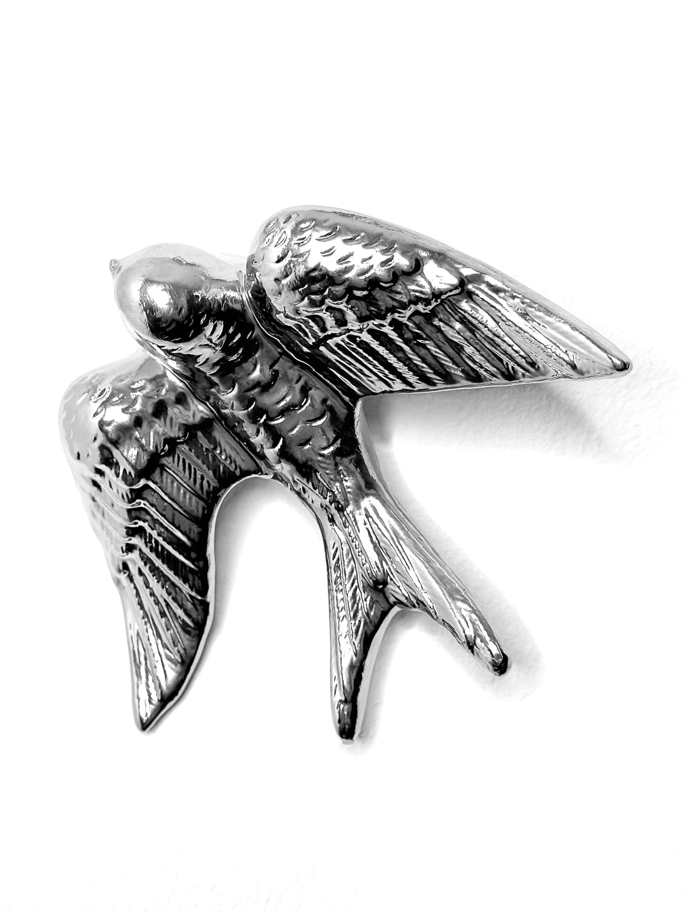 Cast Contemporary Mirror Chrome Stoneware Wall Ornaments, Minimalist Design, SWALLOWS For Sale
