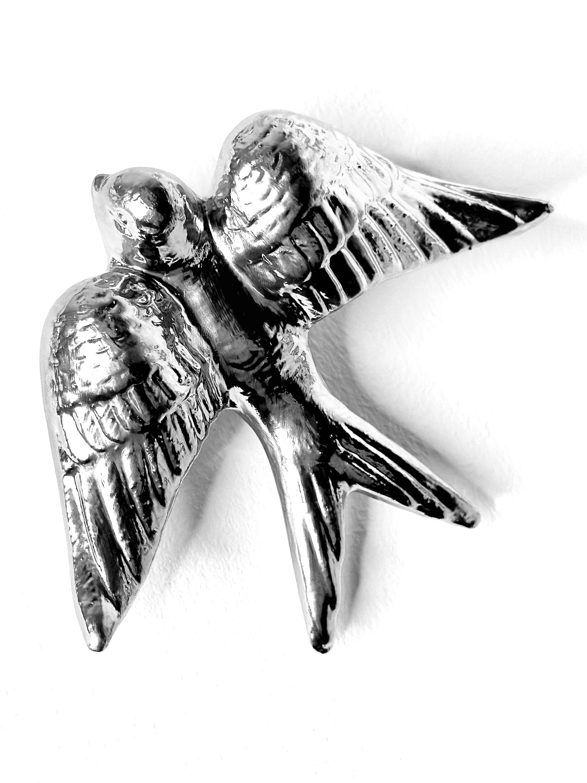 Contemporary Mirror Chrome Stoneware Wall Ornaments, Minimalist Design, SWALLOWS For Sale 1