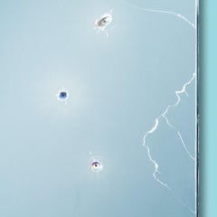 Contemporary Mirror Collage with Bullet Holes and Backlit Eyes