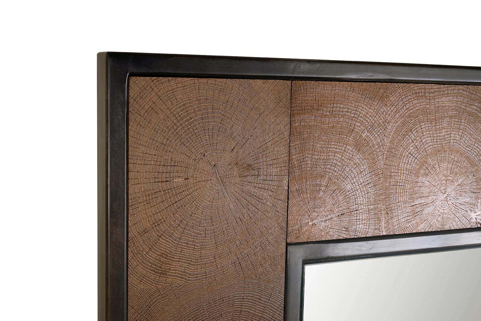 Organic Modern Contemporary Mirror Frame of Celestial Oak with Patina Steel Trim  For Sale