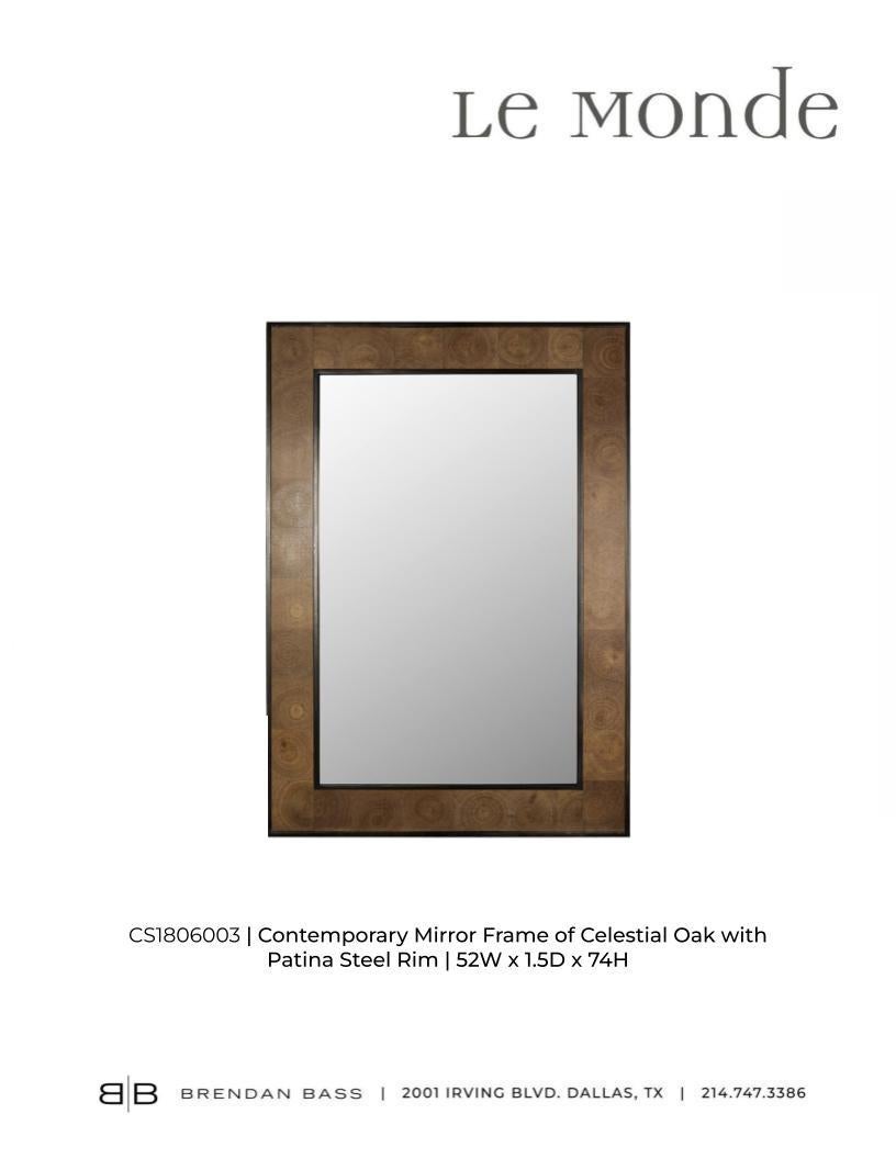 Contemporary Mirror Frame of Celestial Oak with Patina Steel Trim  For Sale 2