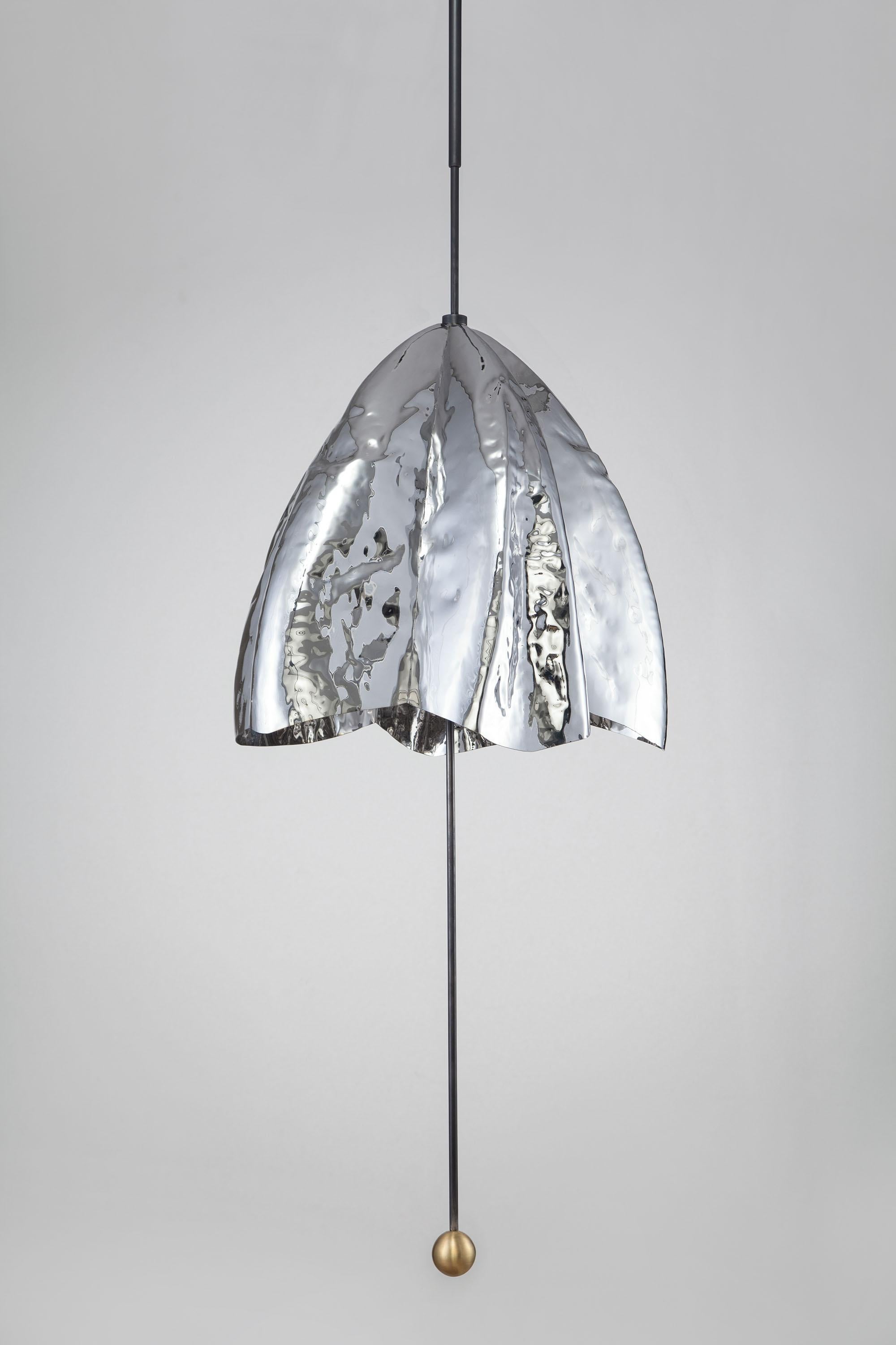 Contemporary Mirror Polished Steel & Brass Pendant, Overlay I by Paul Matter

Started with the idea of drafting a pattern on paper for a garment with free
flowing 3-D folds and arresting these fabric folds in metal, Kallol Datta, created a series of