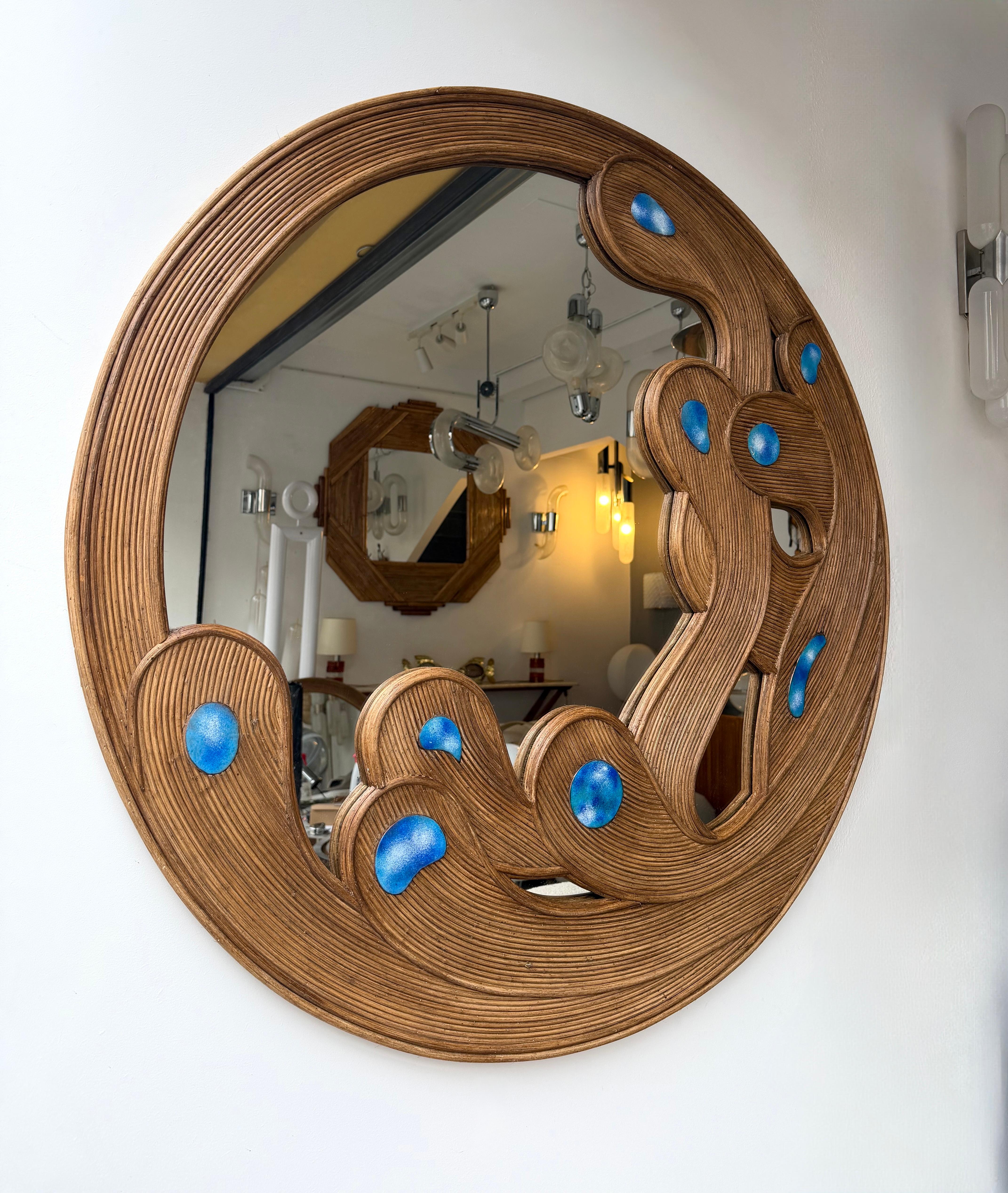 Contemporary Mirror Rattan Marquetry and Enamel Metal. Italy en vente 2