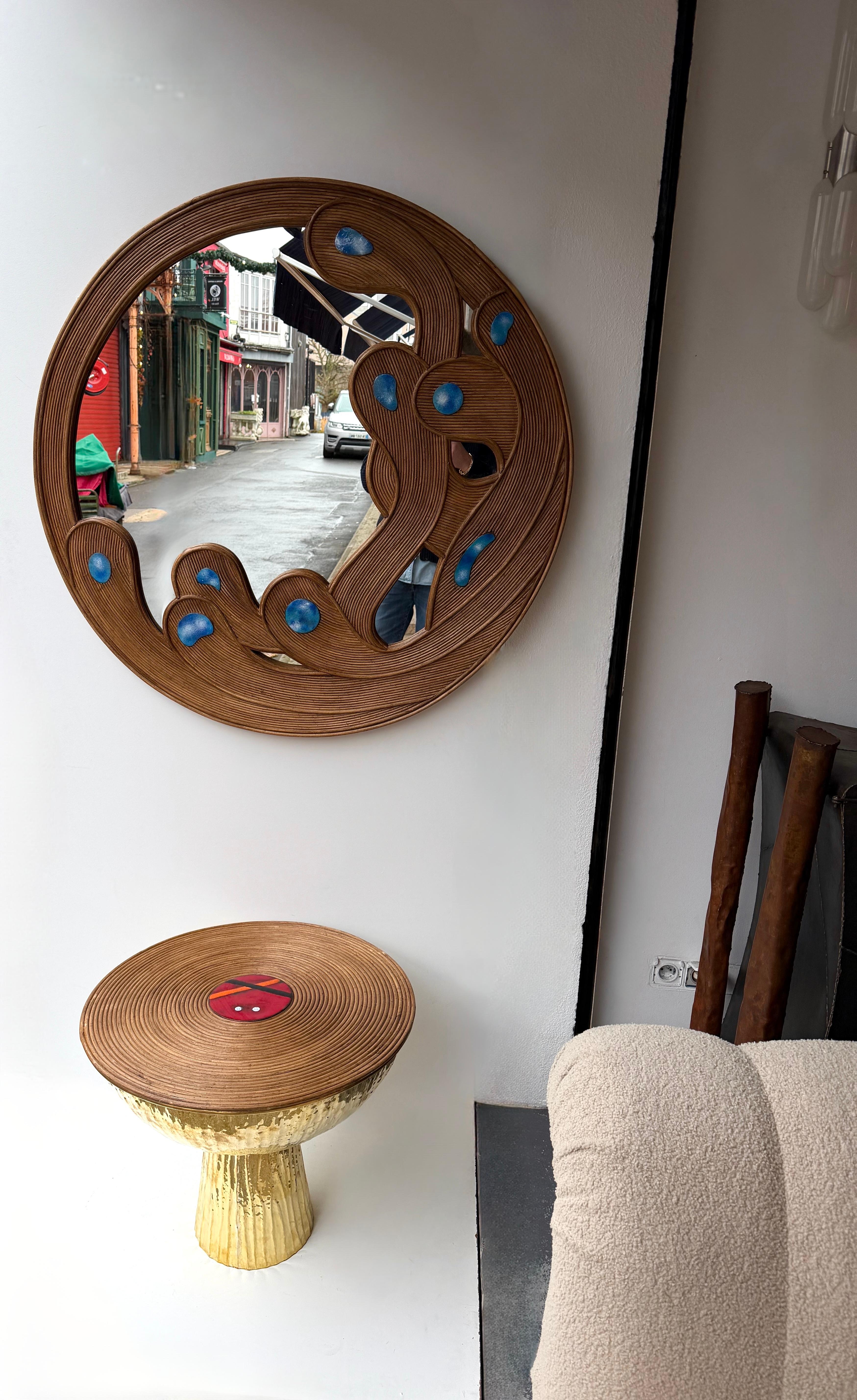 Contemporary Mirror Rattan Marquetry and Enamel Metal. Italy en vente 4