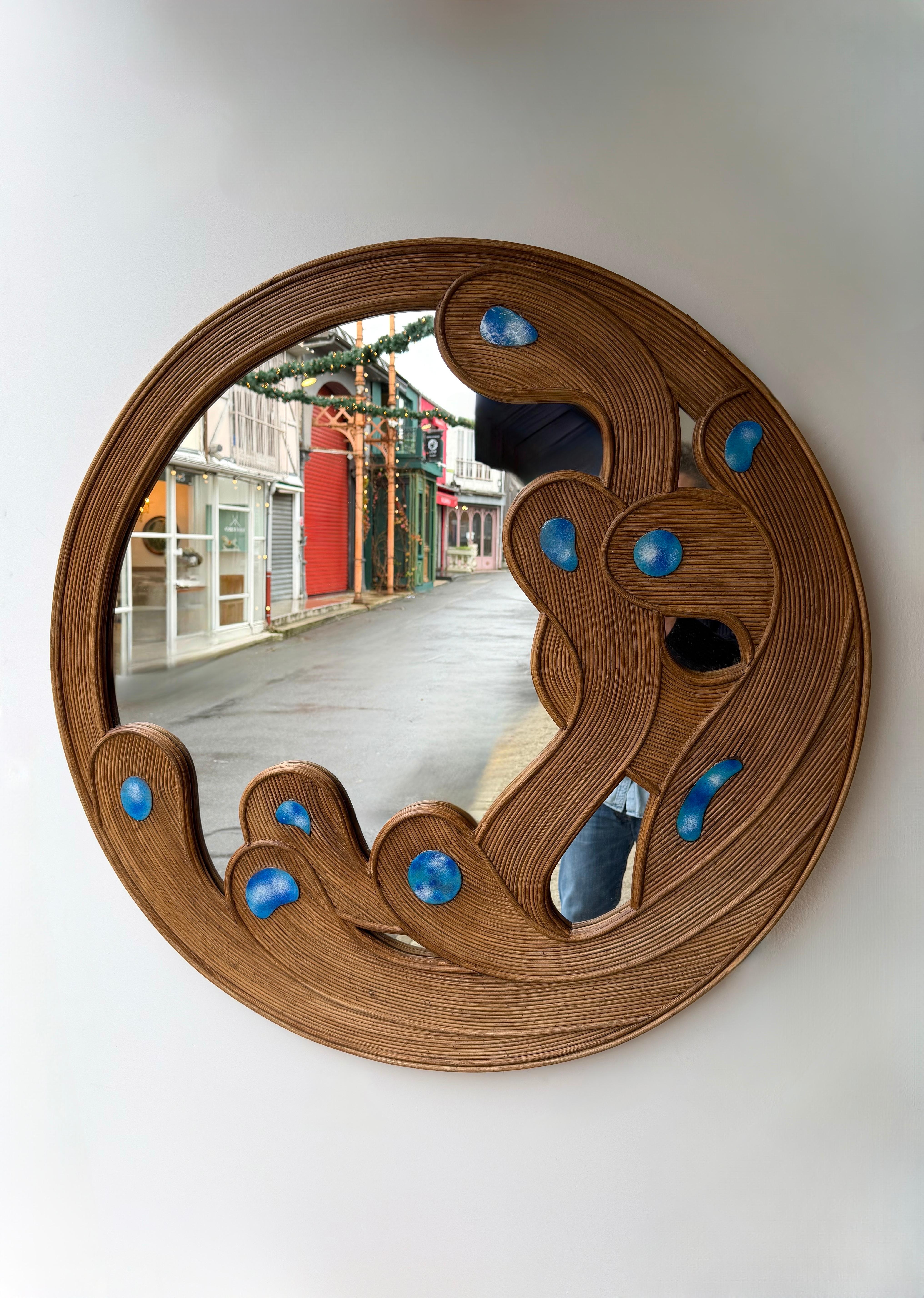 Contemporary Mirror Rattan Marquetry and Enamel Metal. Italy en vente 6
