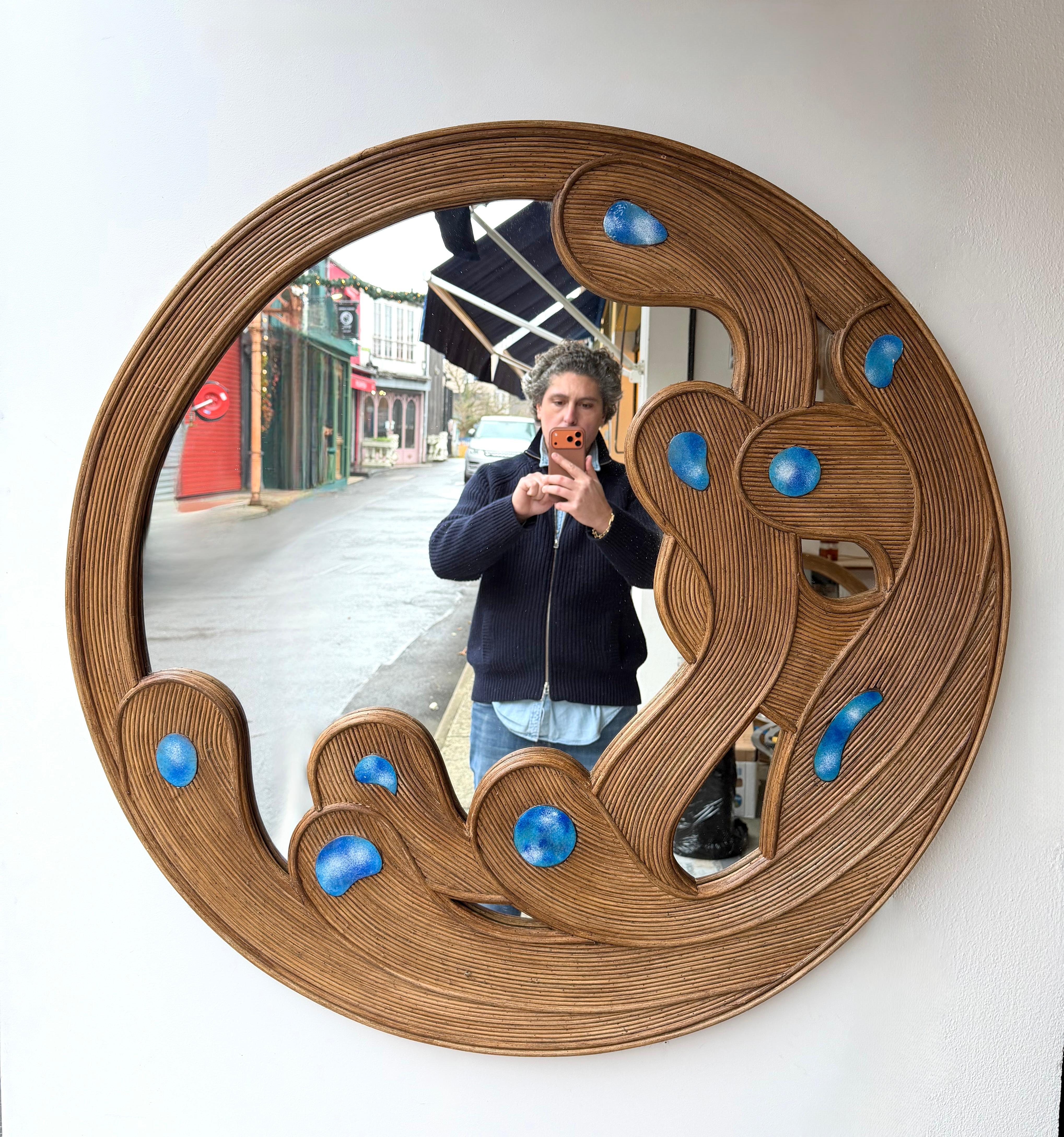 Émaillé Contemporary Mirror Rattan Marquetry and Enamel Metal. Italy en vente