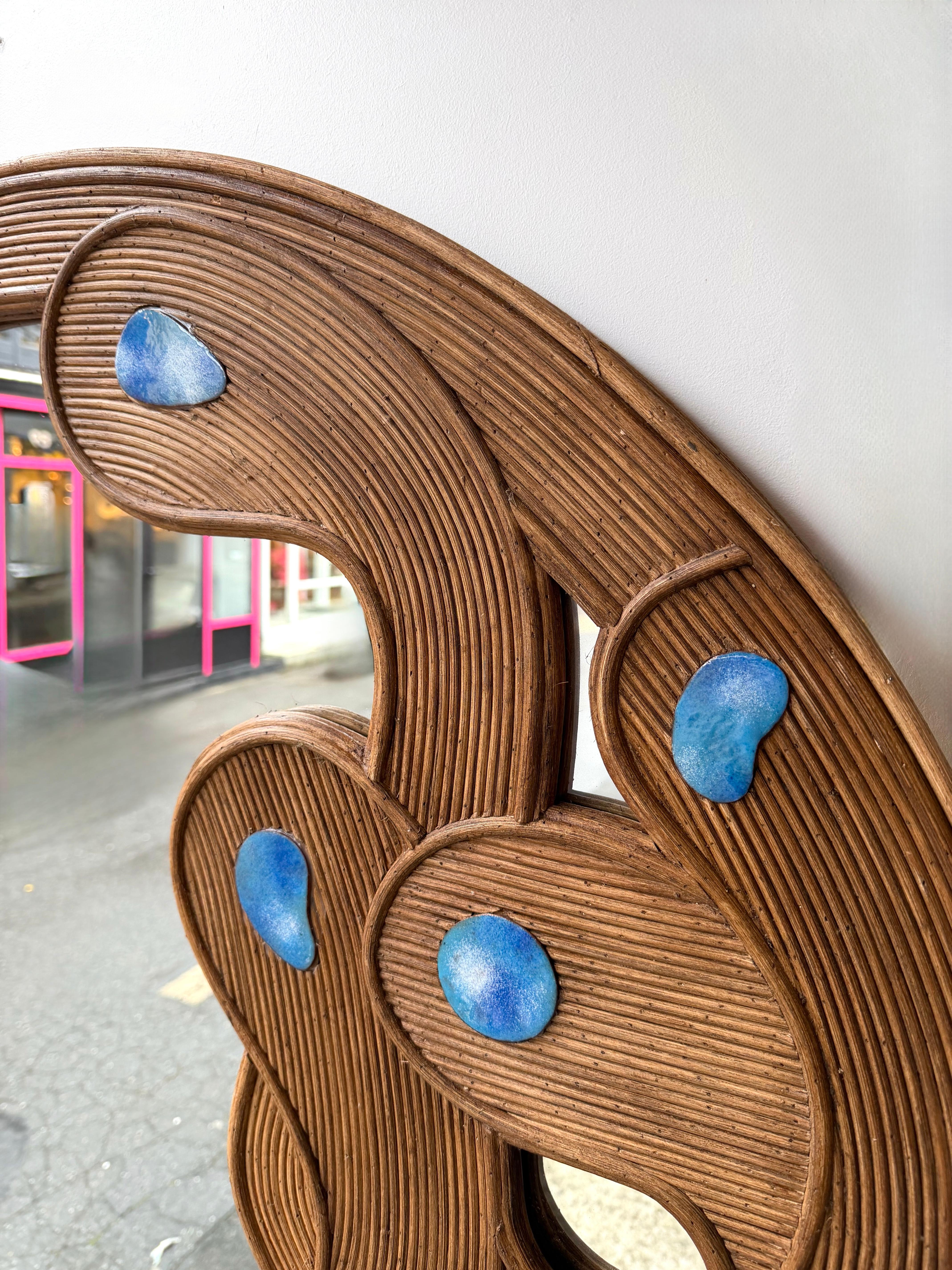 XXIe siècle et contemporain Contemporary Mirror Rattan Marquetry and Enamel Metal. Italy en vente