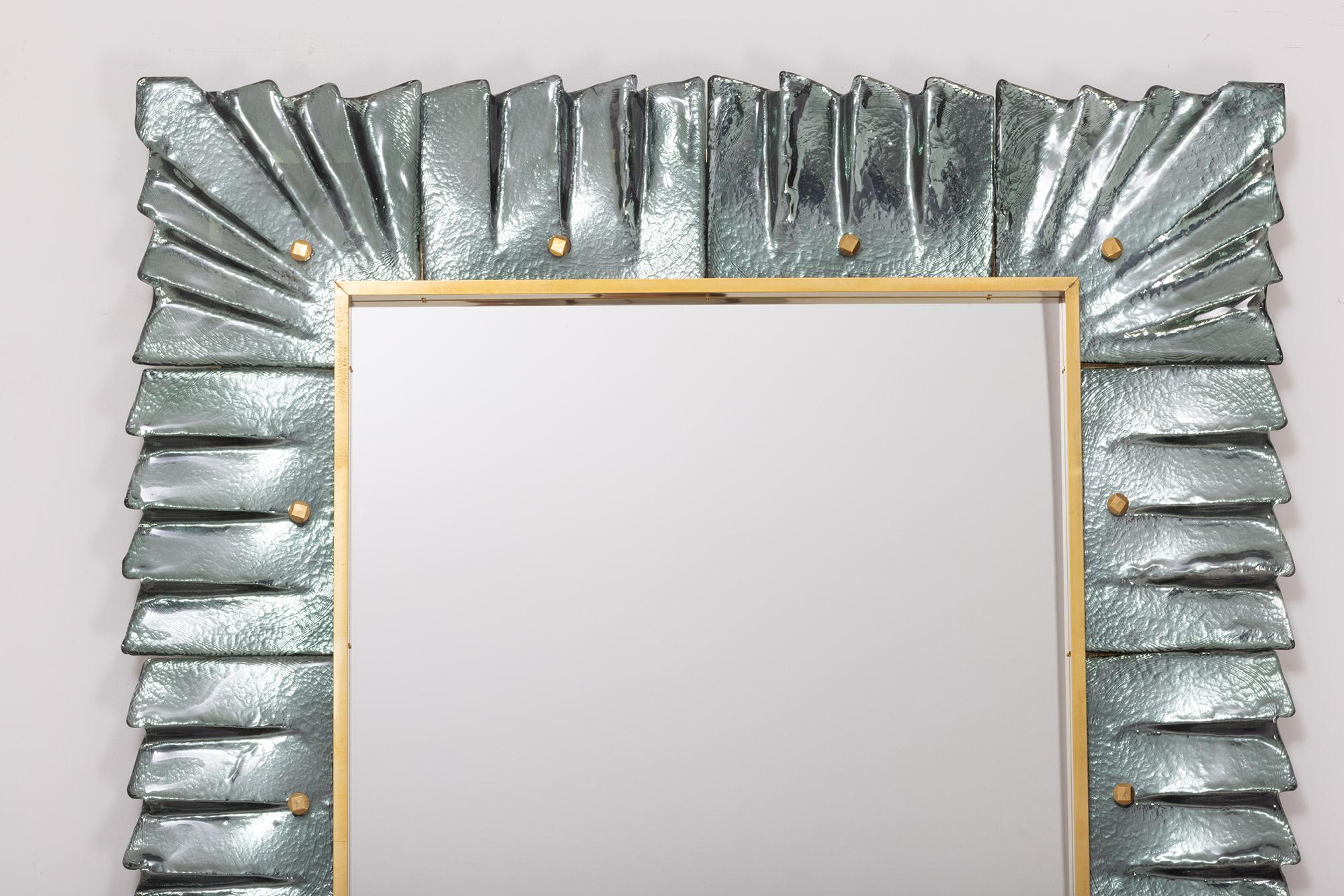 Brass  Contemporary Mirror Sea Green Murano Glass Framed, In Stock For Sale
