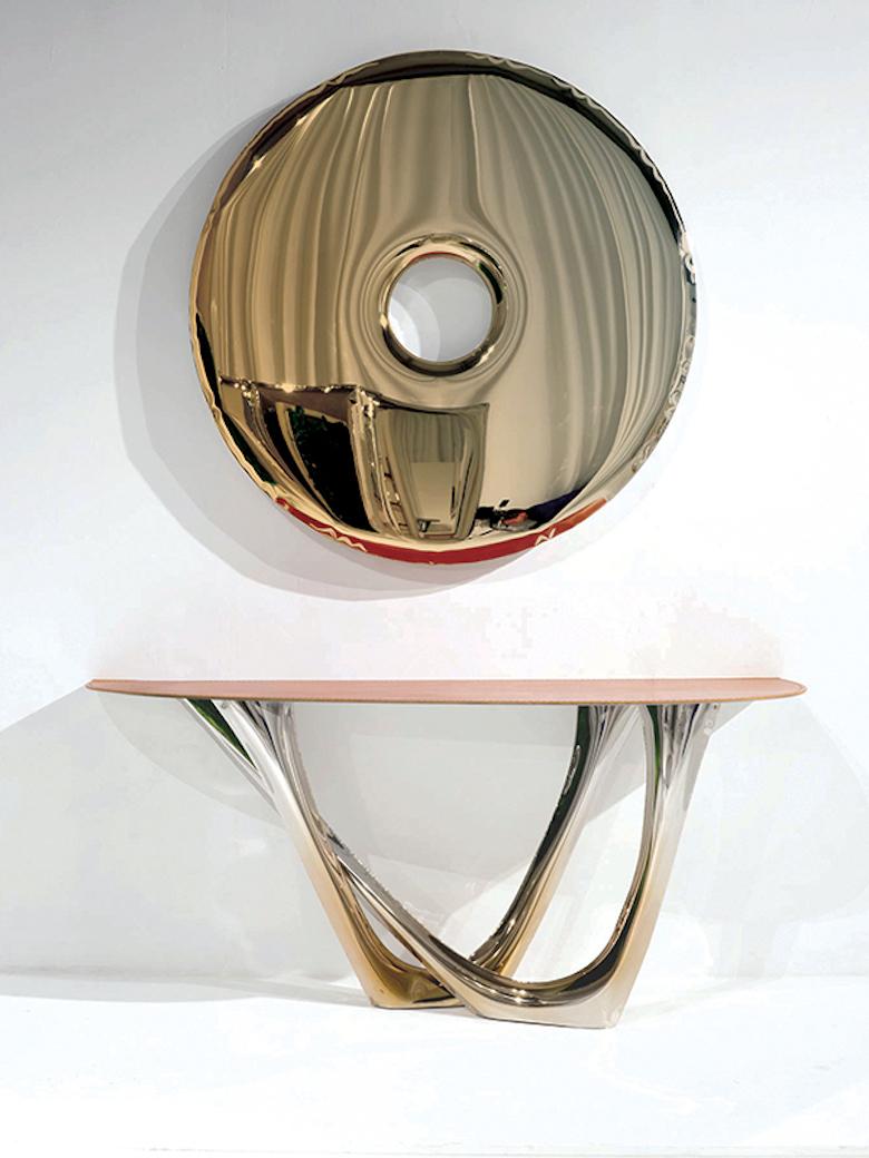 Acier inoxydable Miroir contemporain 'Tafla C5', collection AURUM, or rose, par Zieta en vente