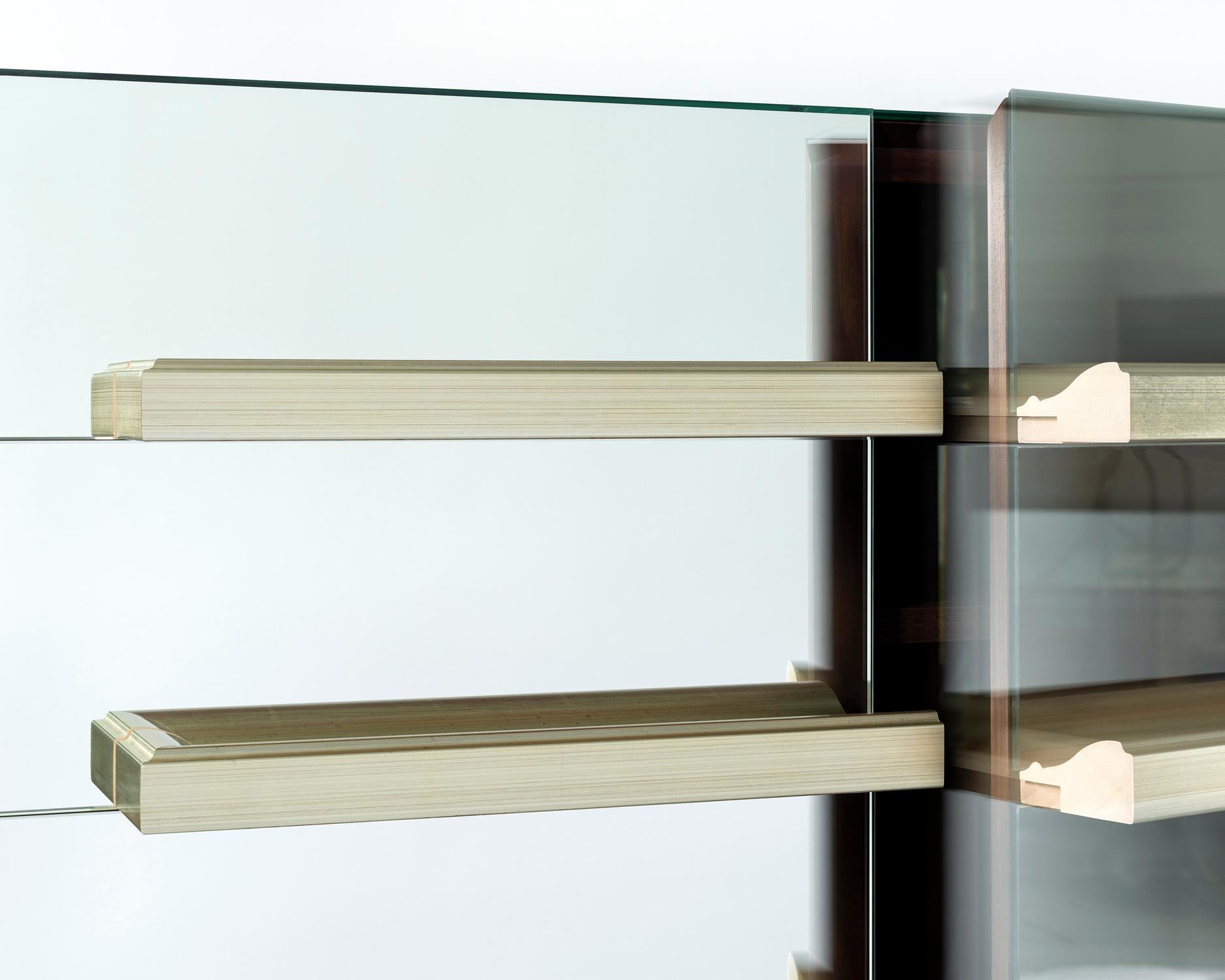 Modern Contemporary Mirrored Floating Dry Bar with Champagne Molding Handles For Sale