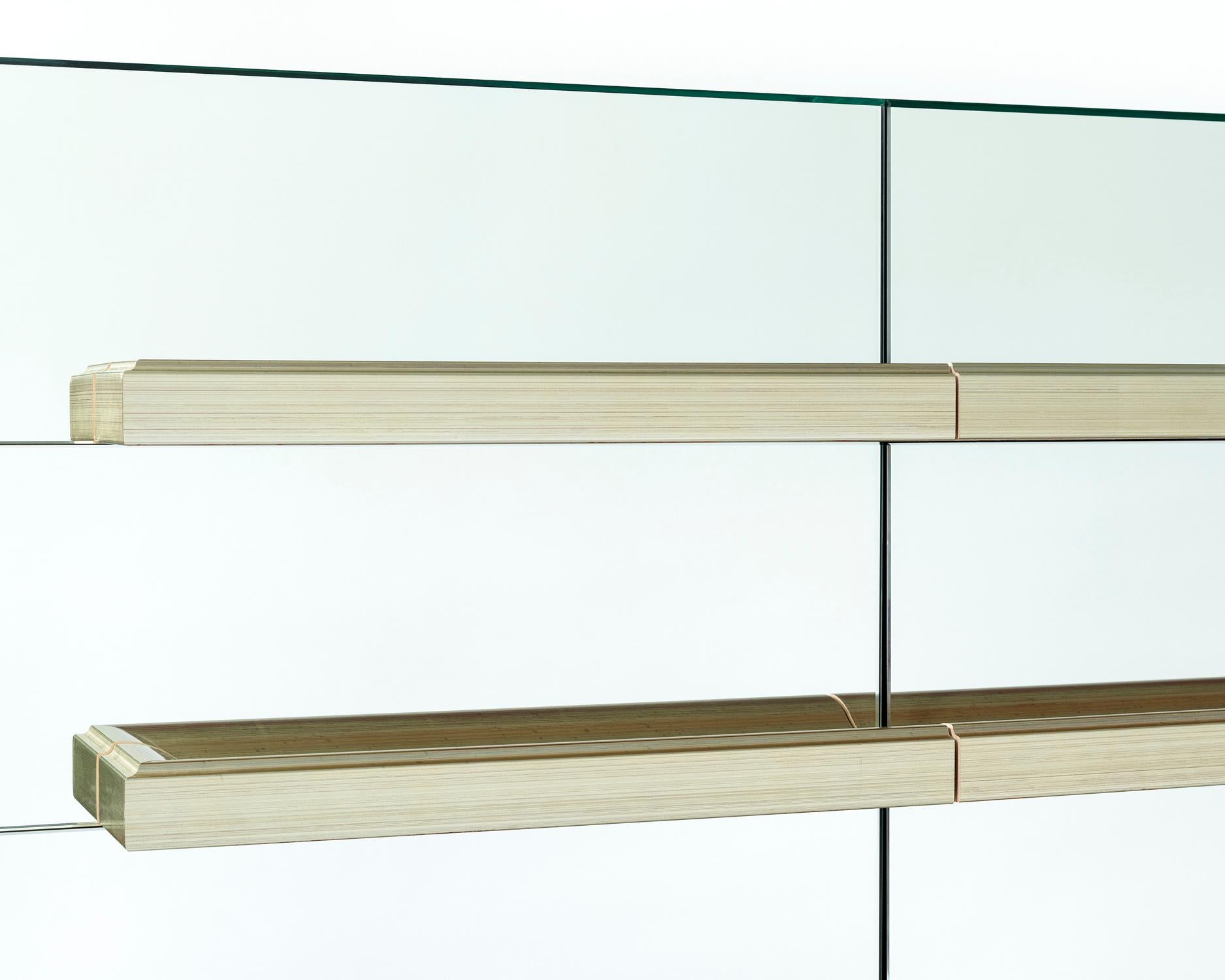 Metal Contemporary Mirrored Floating Dry Bar with Champagne Molding Handles For Sale