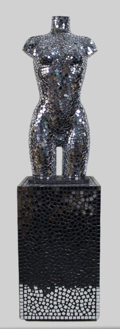 Contemporary Mirrored Mosaic Female Torso Sculpture on Plinth