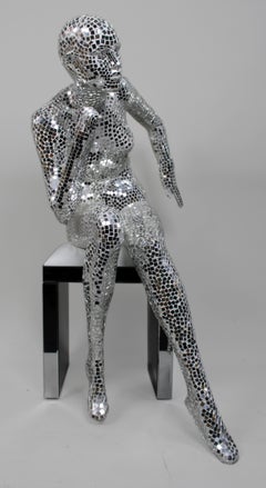 Contemporary Mirrored Mosaic Seated Female Sculpture