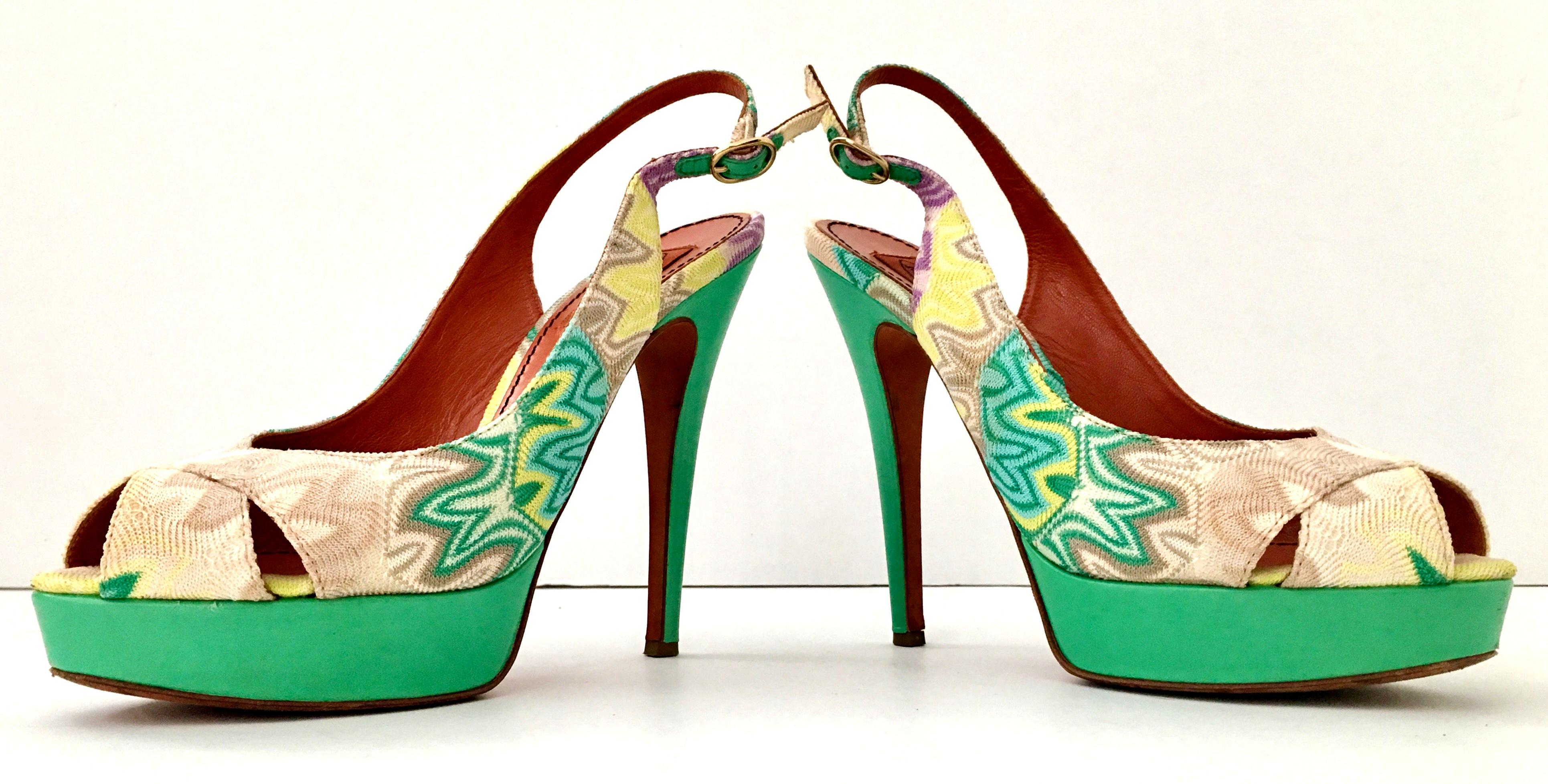 Contemporary & New Aqua leather heel chevron fabric peep toe sling back platform shoes By, Missoni. These never worn but for a runway show platform sandals feature, vivid aqua leather with multi color iconic 