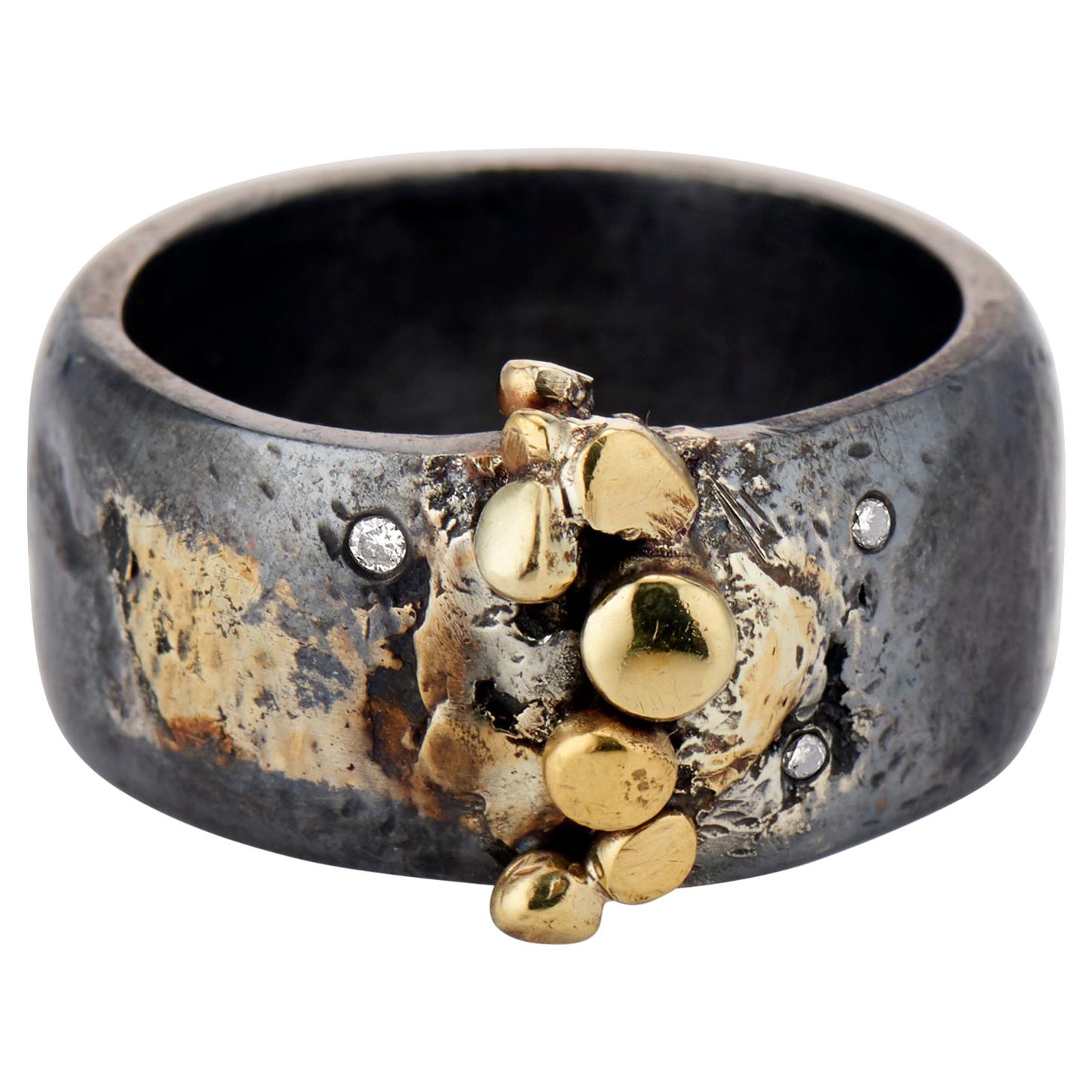 Contemporary, Mixed Metal, Gold, Oxidized Sterling Silver Diamond Band Ring
