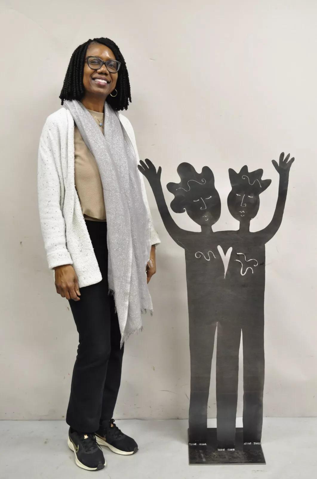 Escultura estatua de bienvenida de niño y niña de acero, moderna y contemporánea, de 48