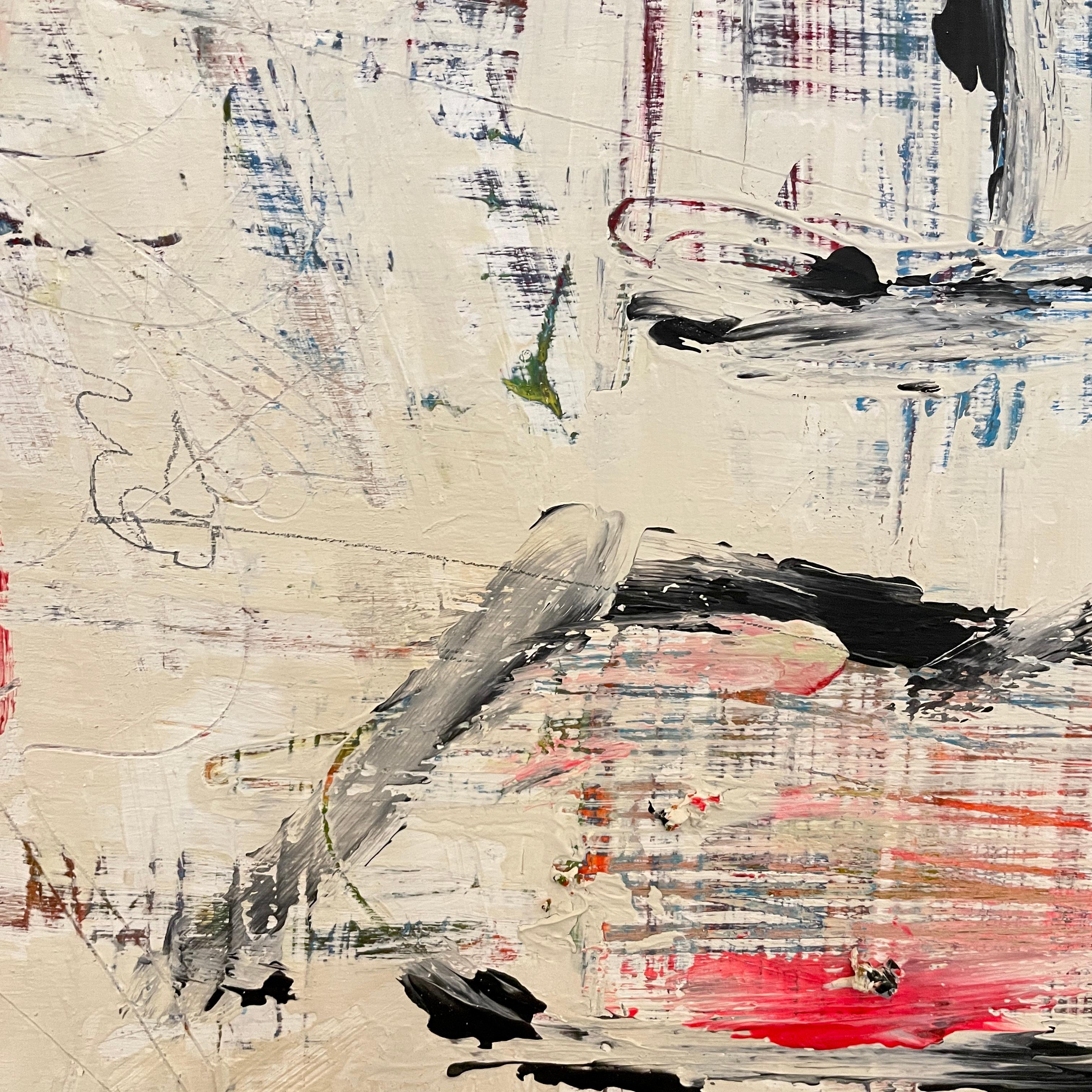 XXIe siècle et contemporain Peinture acrylique abstraite moderne contemporaine et abstraite sur bois encadrée blanc noir et rouge en vente