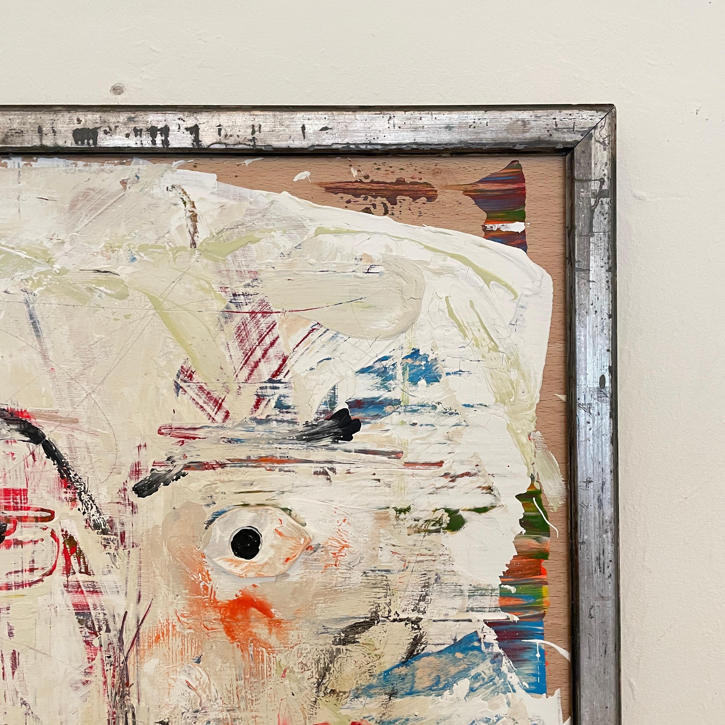 Acrylique Peinture acrylique abstraite moderne contemporaine et abstraite sur bois encadrée blanc noir et rouge en vente