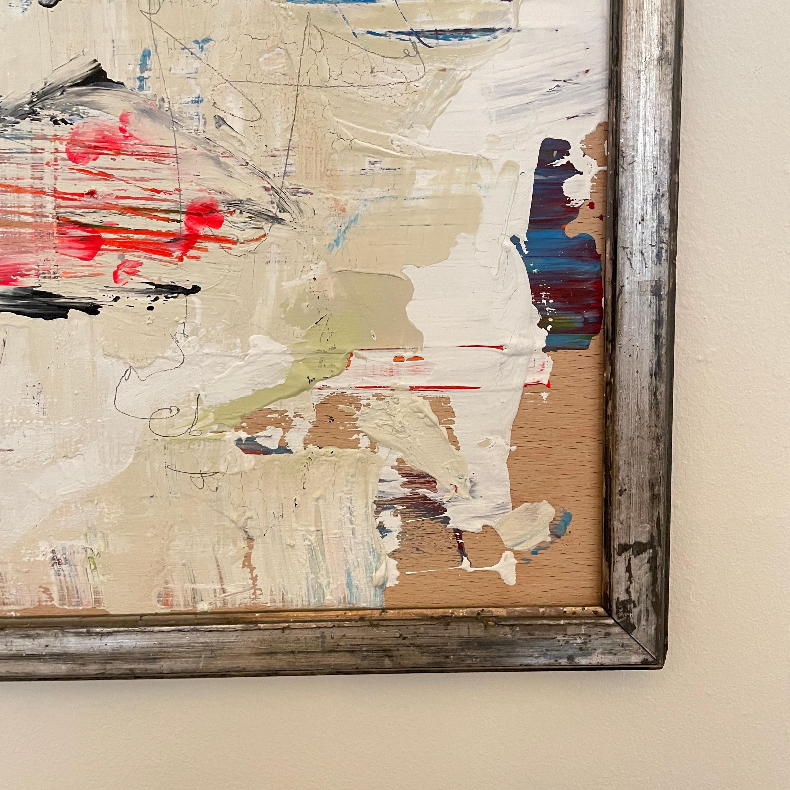 Peinture acrylique abstraite moderne contemporaine et abstraite sur bois encadrée blanc noir et rouge en vente 1