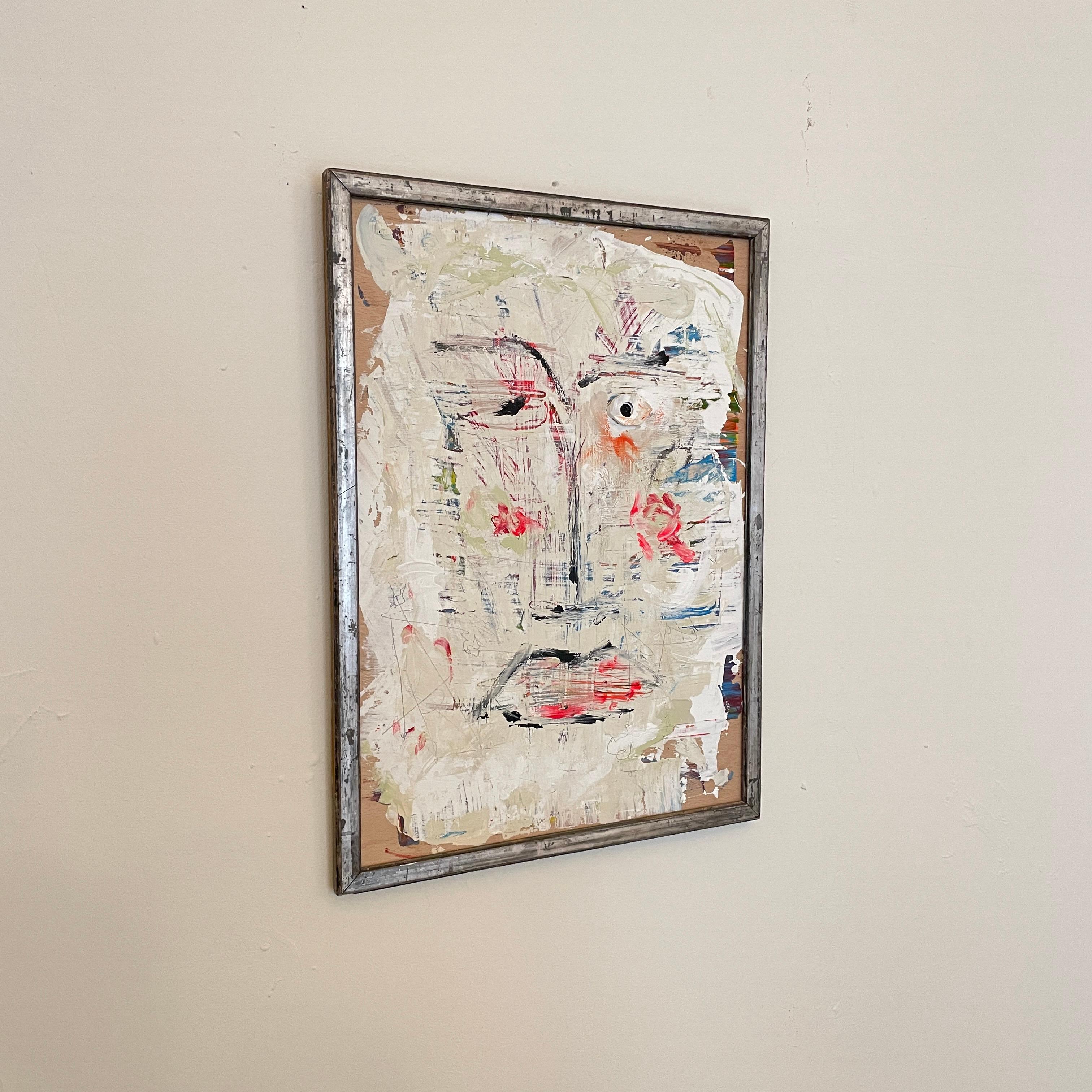 This painting has heavily textured acrylics in multicolored on wood. 
The artist created the piece using multiple techniques like palet knife, brush and pencil. 
The series is called Faces. There are 5 pieces in the series. 
The painting would