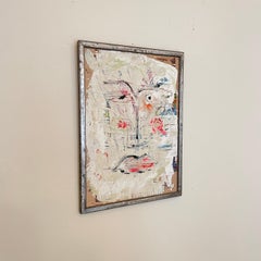 Zeitgenössisches modernes abstraktes Acrylgemälde auf Holz, gerahmt, weiß, schwarz, rot