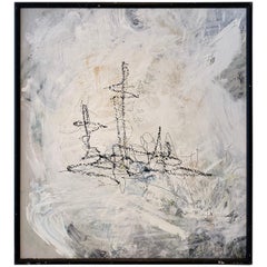 Zeitgenössisch Modern Abstrakt Gerahmt Grau Weiß Schwarz Acryl Gemälde auf Holz
