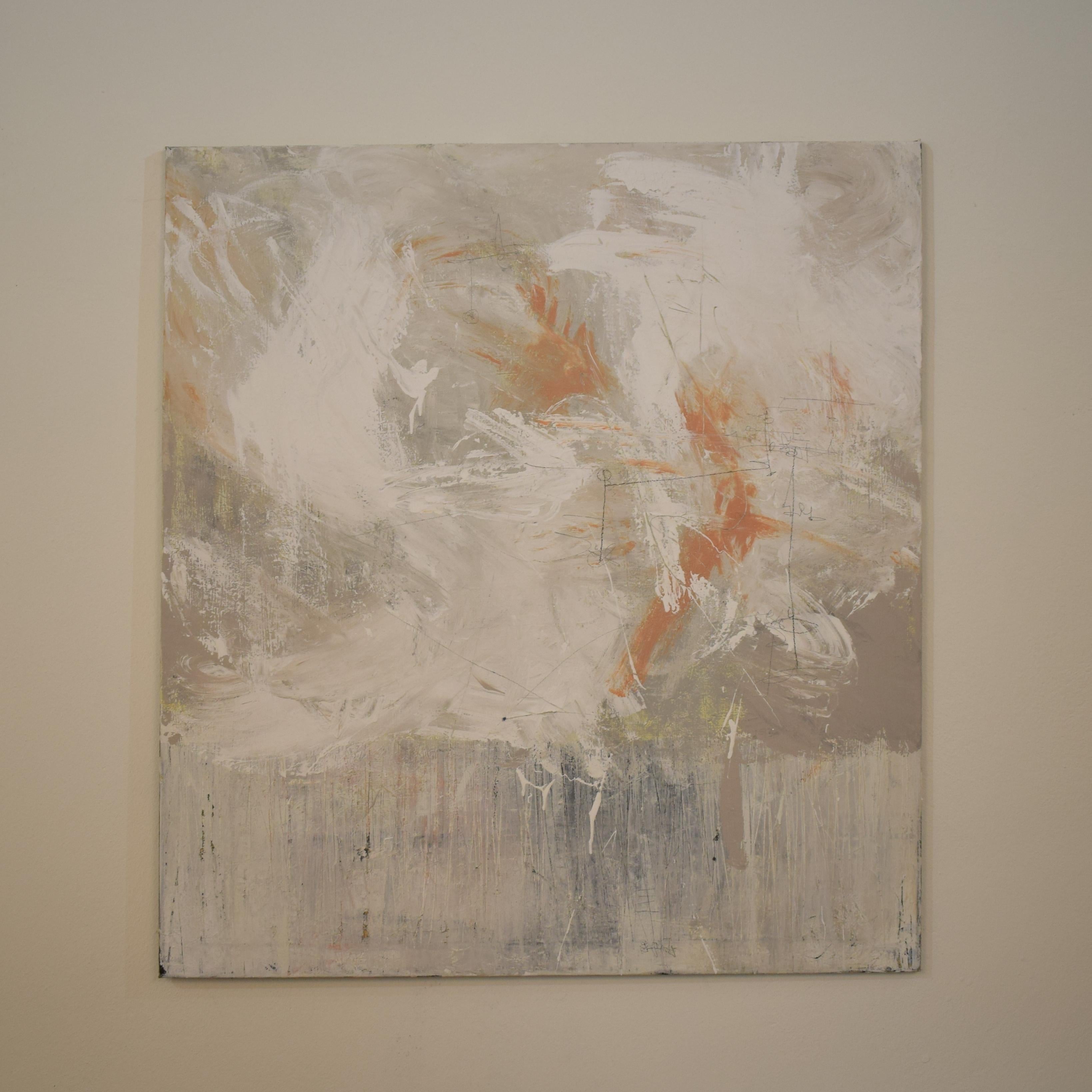 This painting has heavily textured acrylics in shades of greys, orange and white on canvas.
The artist created the piece using multiple techniques like palette knife, brush and chalk. The black lines are done with chalk.
The painting would