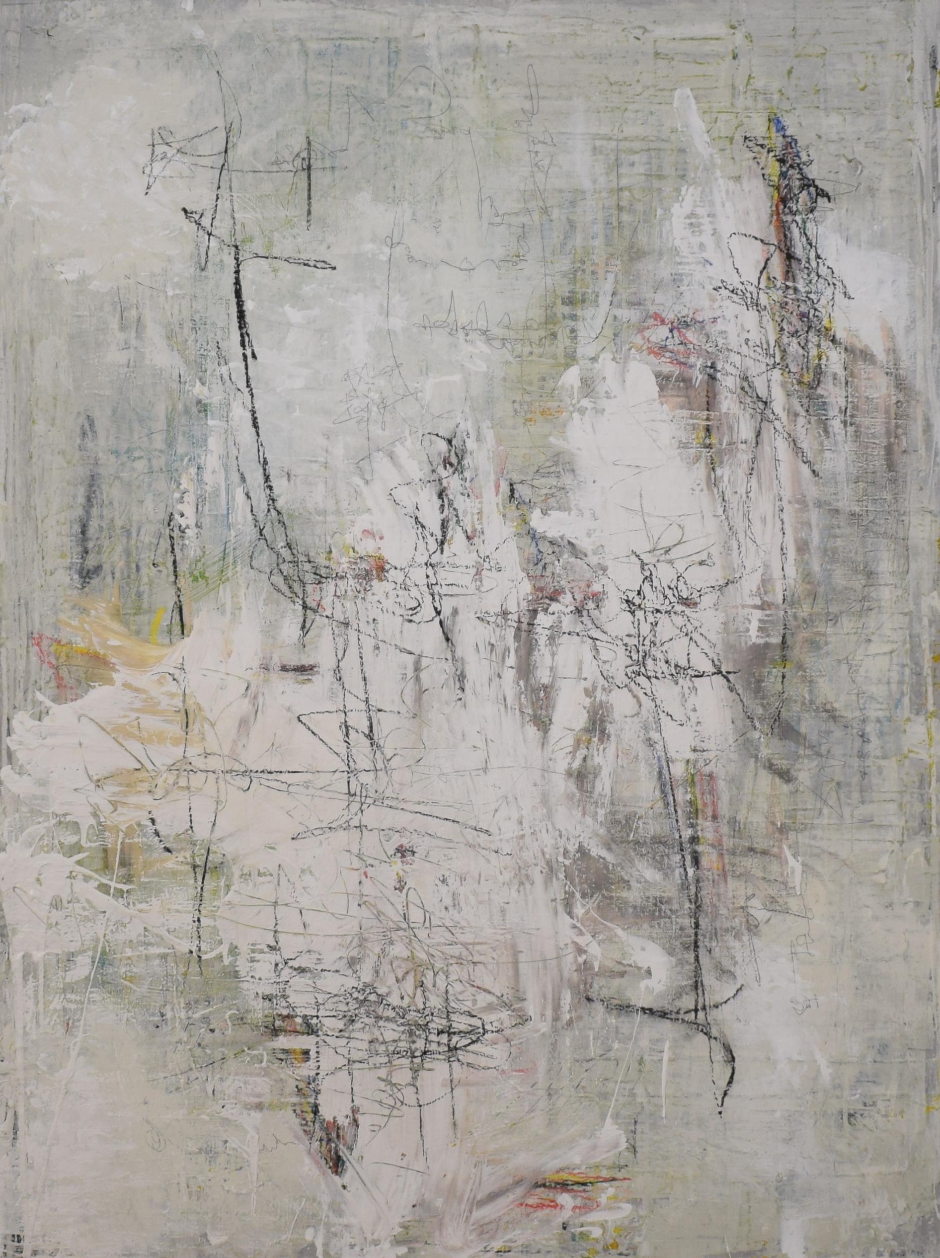 This large painting has heavily textured acrylics in shades of greys, green and white on canvas. The artist created the piece using multiple techniques like palet knife, brush and chalk. 
The black lines are done with chalk. 
The painting would