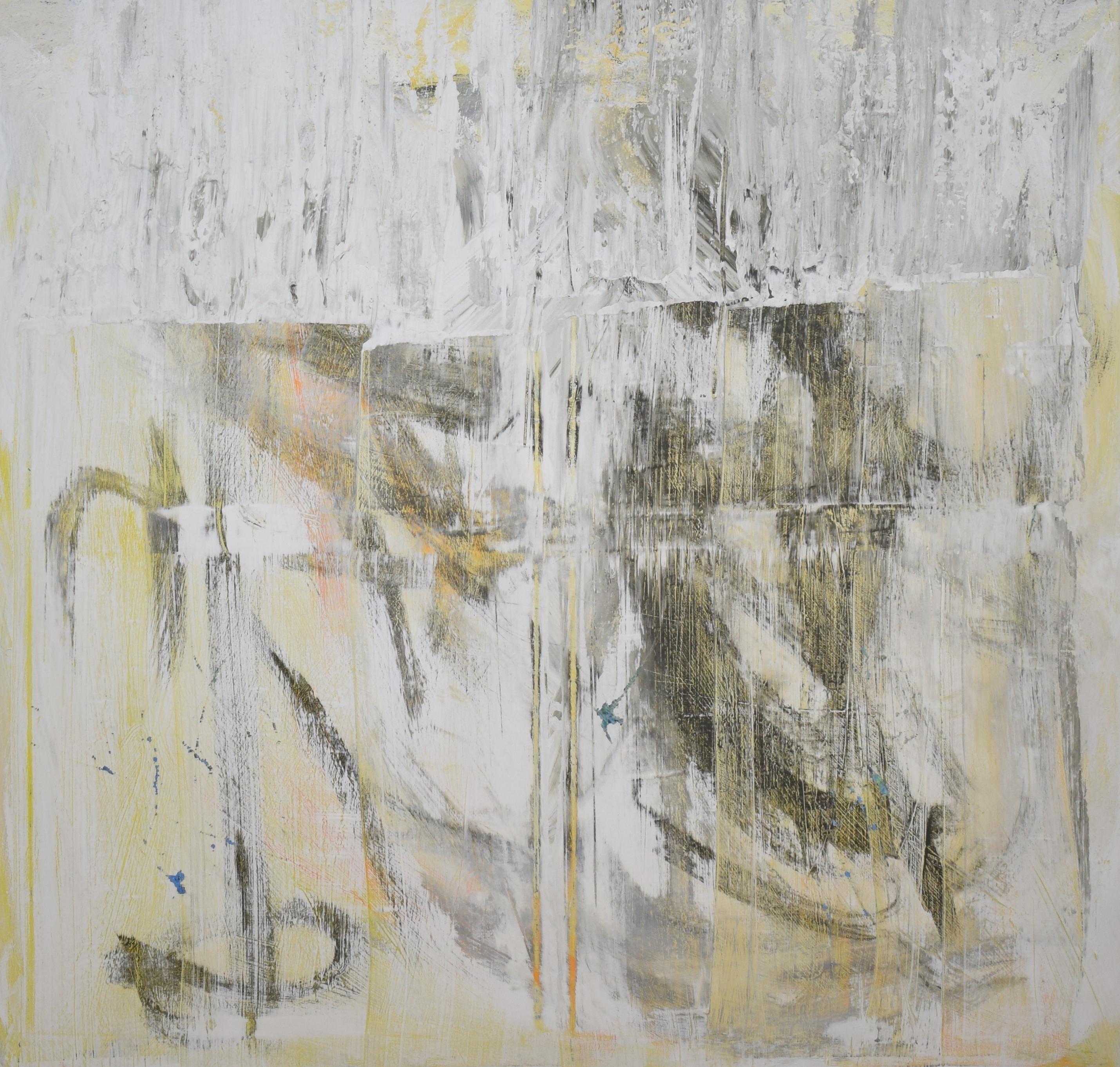 This large painting has heavily textured acrylics in shades of yellow, white and dark grey on canvas. 
The artist created the piece using multiple techniques like palet knife, brush and chalk. 
 Also pencil was used. 
The painting would