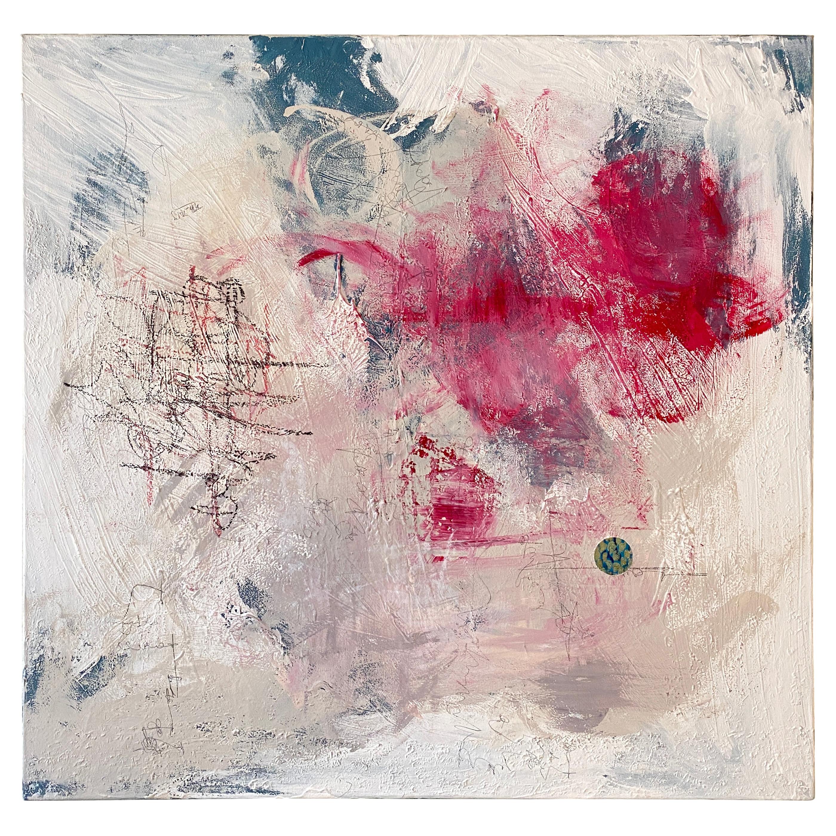 Contemporary Modern Abstract Painting on Canvas in Red, White and Grey