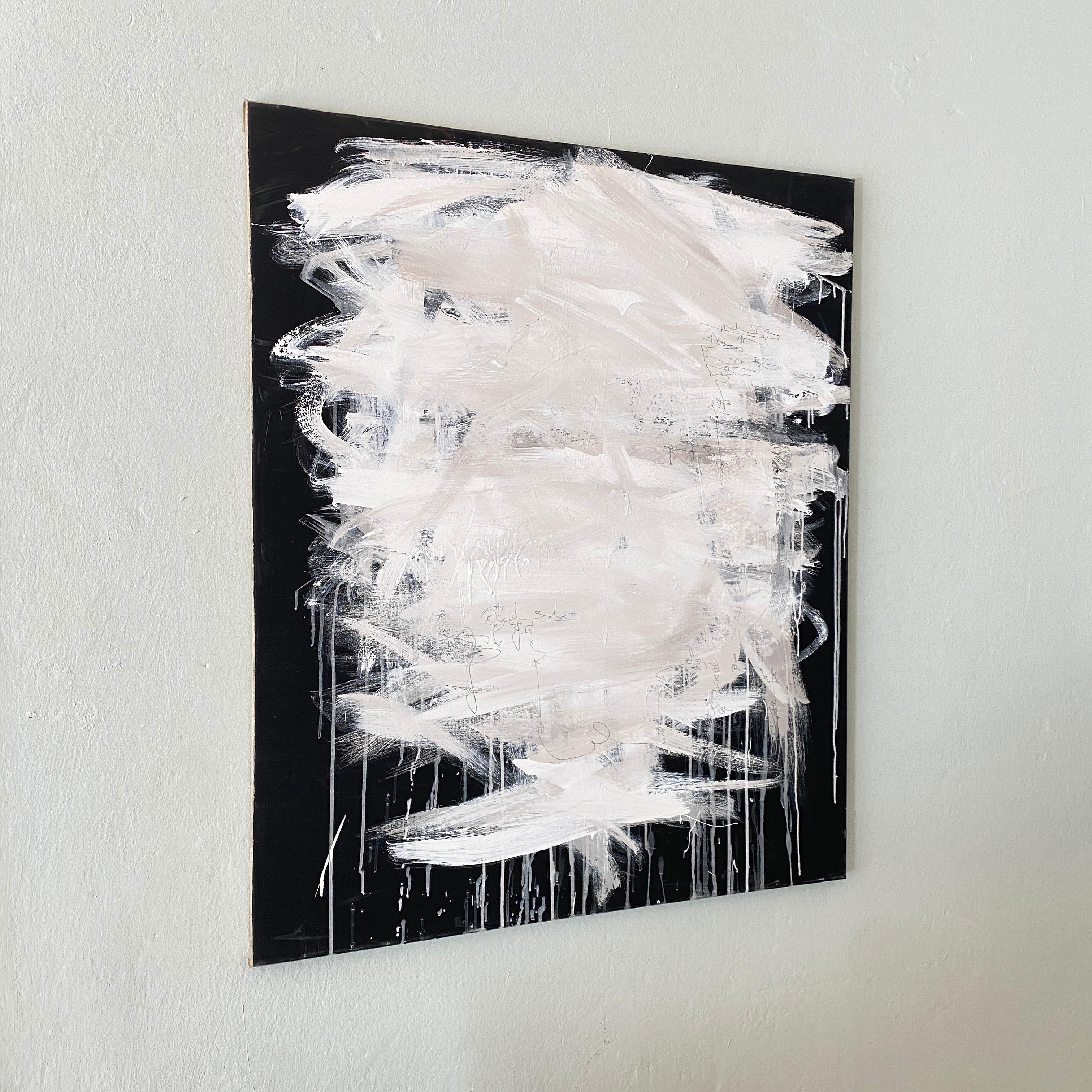 German Contemporary Modern Abstract White and Black Acrylic Painting on Canvas