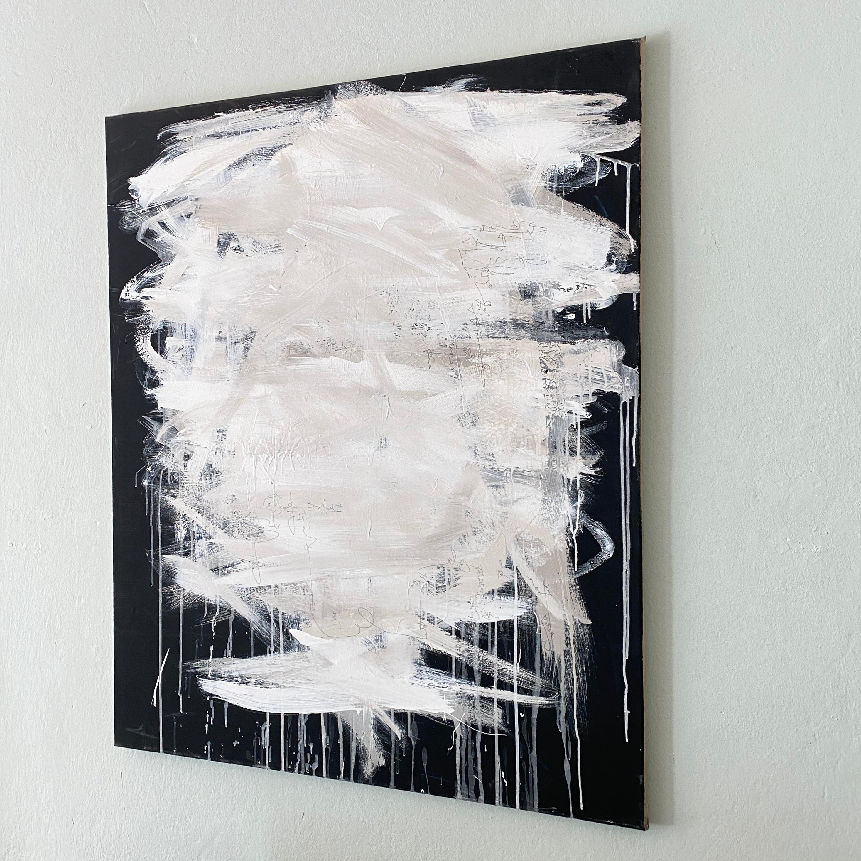 Contemporary Modern Abstract White and Black Acrylic Painting on Canvas 1